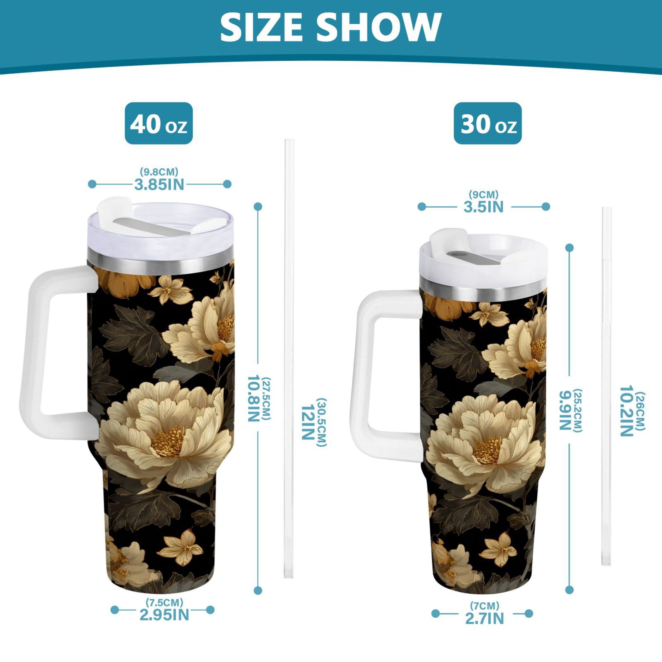 30 oz Insulated Stainless Steel Tumbler Double Wall Stainless Steel Tumbler with 2-Way Drinking Elegant Beige Floral WUQE
