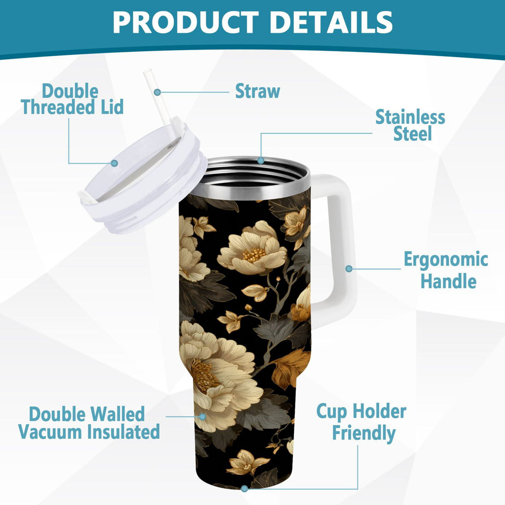 30 oz Insulated Stainless Steel Tumbler Double Wall Stainless Steel Tumbler with 2-Way Drinking Elegant Beige Floral WUQE