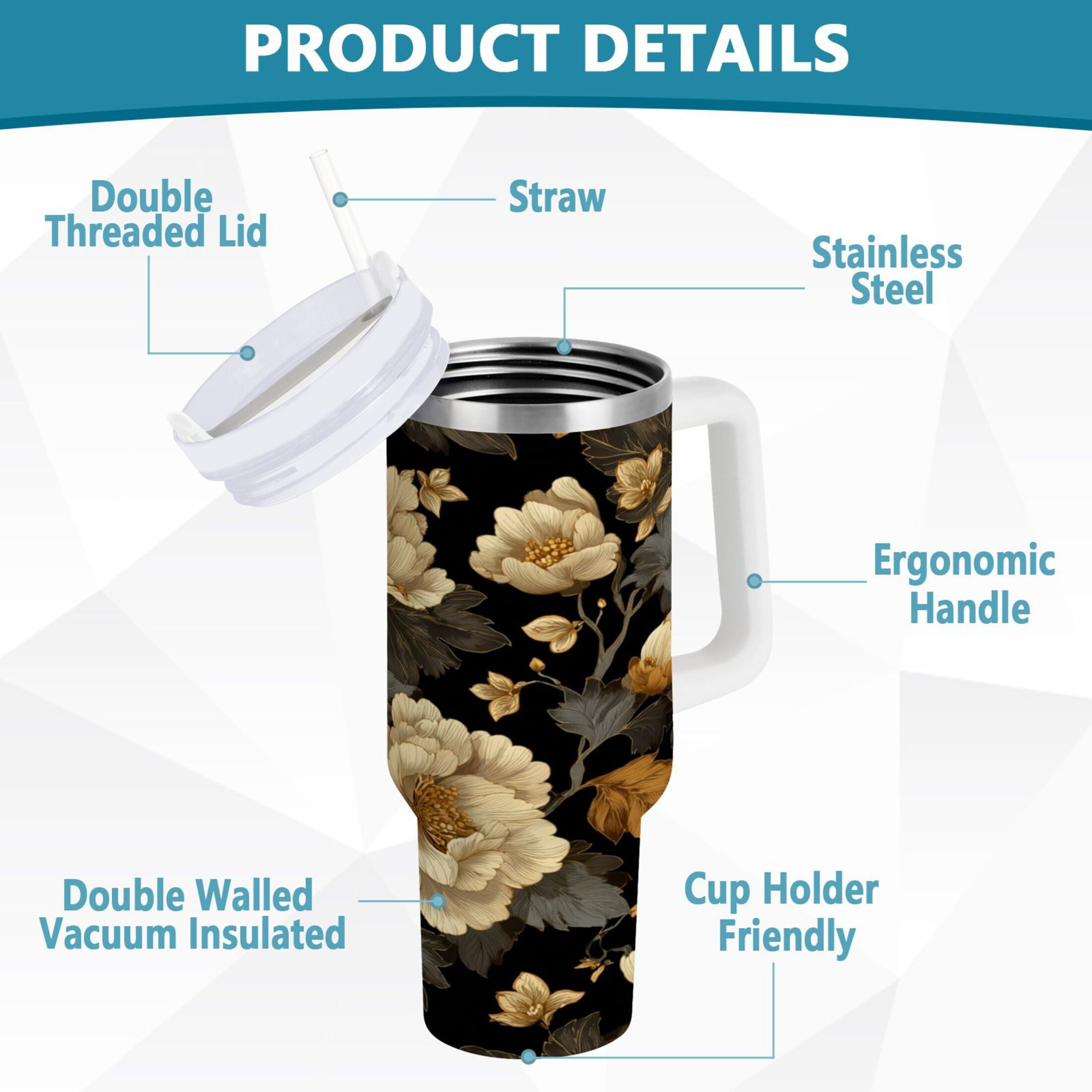 30 oz Insulated Stainless Steel Tumbler Double Wall Stainless Steel Tumbler with 2-Way Drinking Elegant Beige Floral WUQE