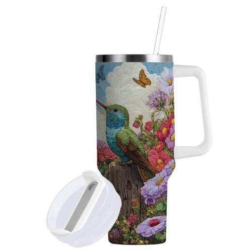30 oz Insulated Stainless Steel Tumbler Double Wall Stainless Steel Tumbler with 2-Way Drinking Hummingbirds and Flowers PWTT