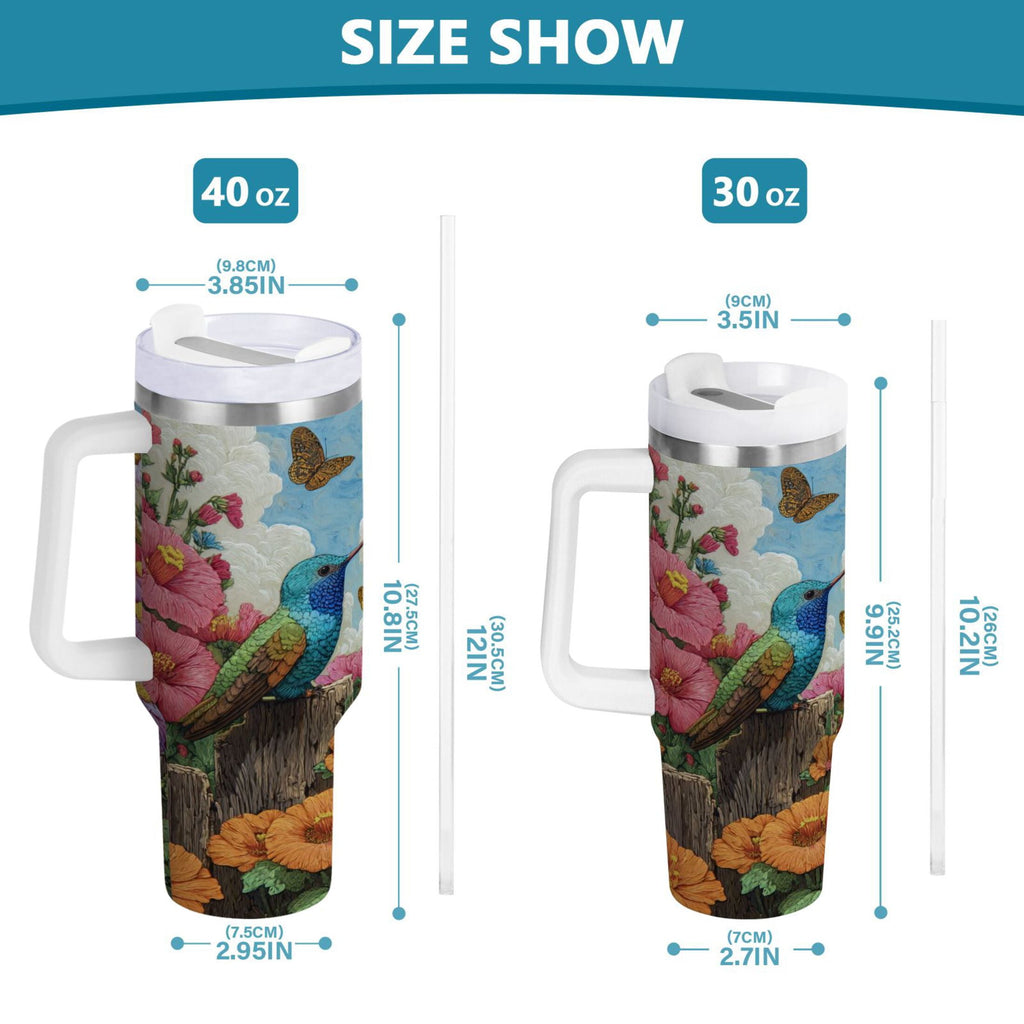30 oz Insulated Stainless Steel Tumbler Double Wall Stainless Steel Tumbler with 2-Way Drinking Hummingbirds and Flowers PWTT