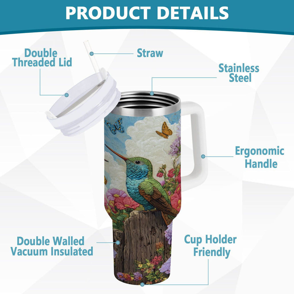 30 oz Insulated Stainless Steel Tumbler Double Wall Stainless Steel Tumbler with 2-Way Drinking Hummingbirds and Flowers PWTT