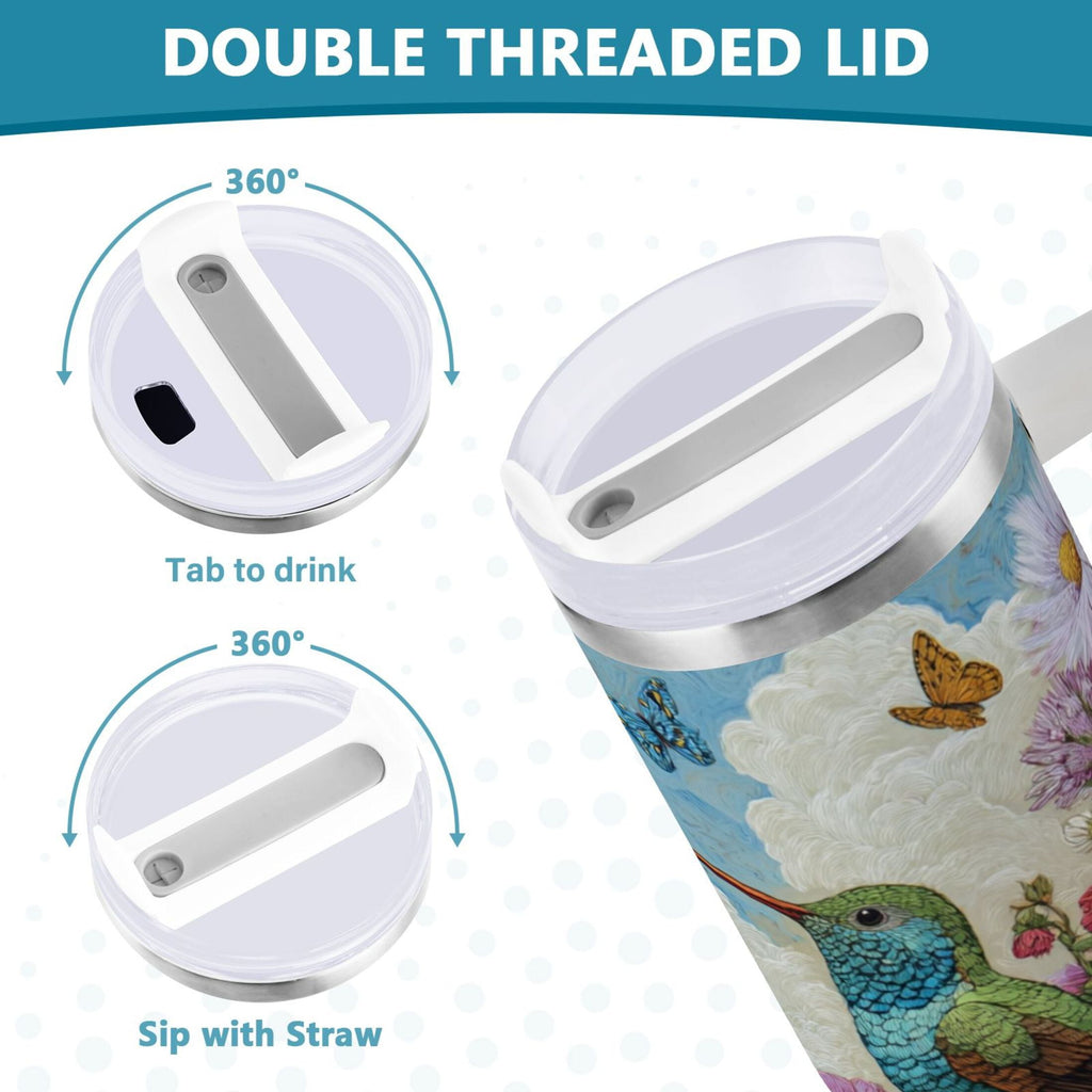 30 oz Insulated Stainless Steel Tumbler Double Wall Stainless Steel Tumbler with 2-Way Drinking Hummingbirds and Flowers PWTT