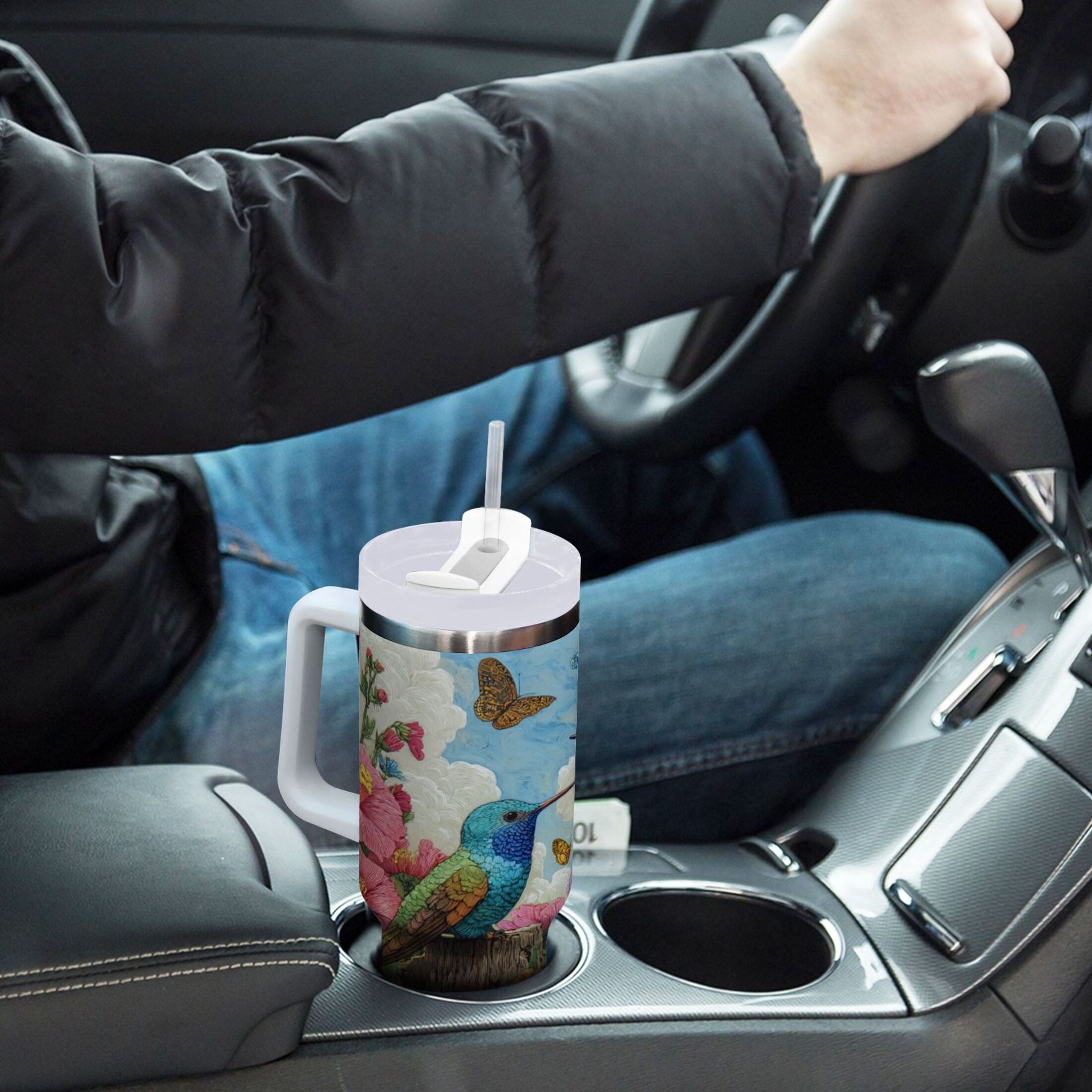 30 oz Insulated Stainless Steel Tumbler Double Wall Stainless Steel Tumbler with 2-Way Drinking Hummingbirds and Flowers PWTT