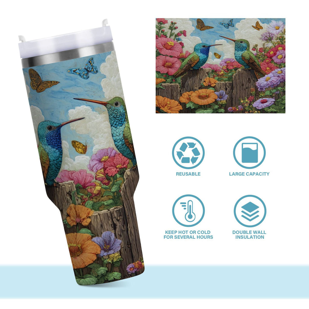 30 oz Insulated Stainless Steel Tumbler Double Wall Stainless Steel Tumbler with 2-Way Drinking Hummingbirds and Flowers PWTT