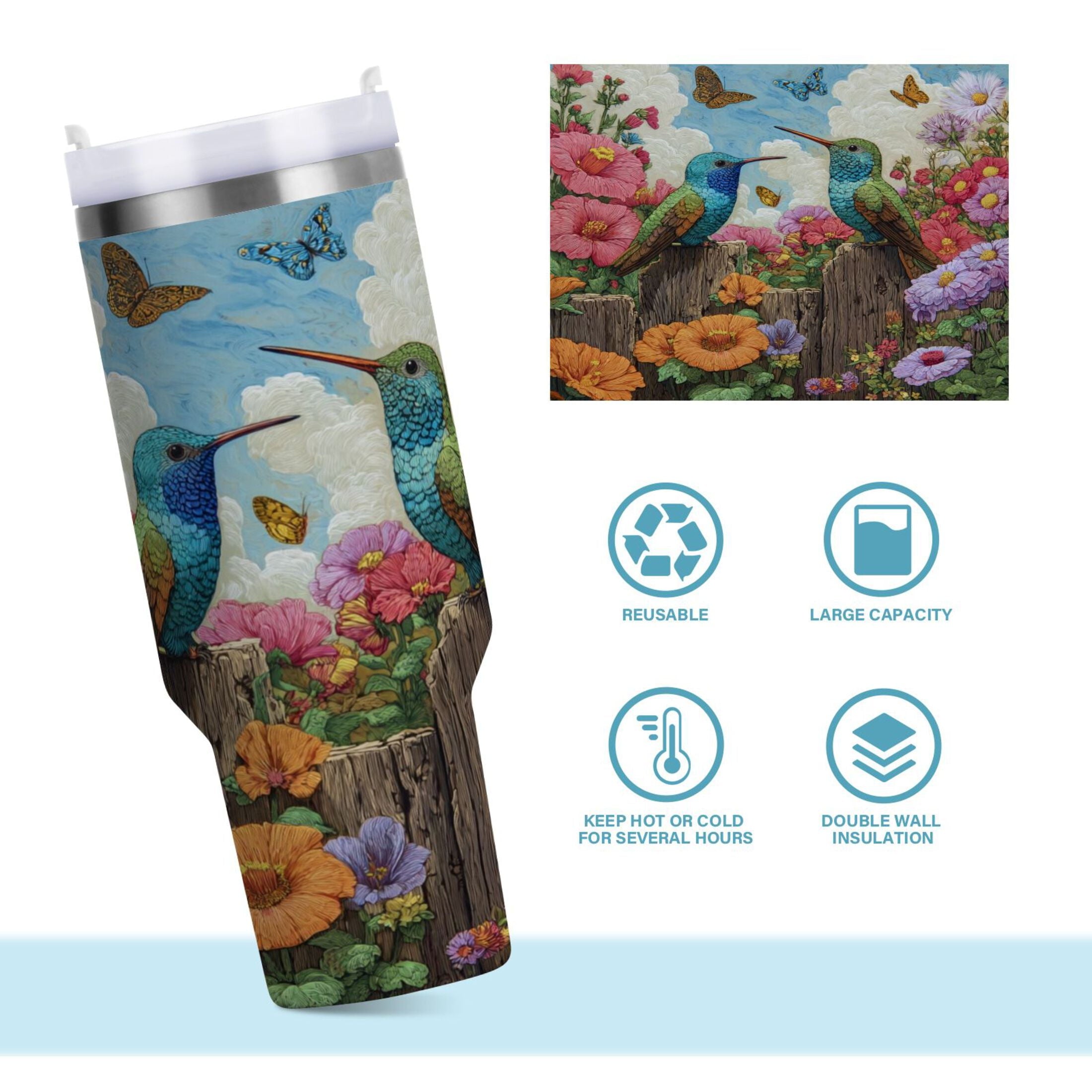 30 oz Insulated Stainless Steel Tumbler Double Wall Stainless Steel Tumbler with 2-Way Drinking Hummingbirds and Flowers PWTT