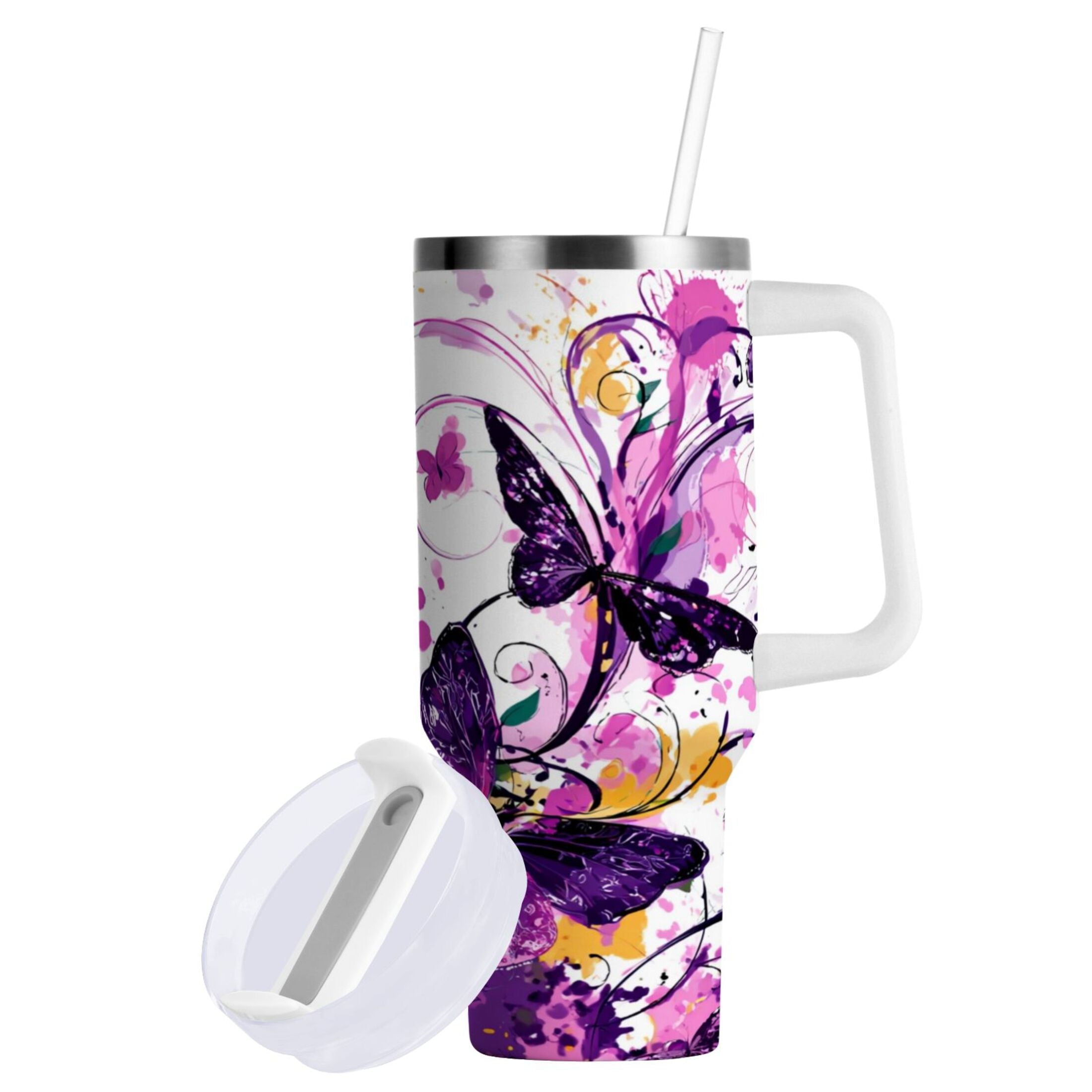 40 oz Insulated Stainless Steel Tumbler Double Wall Stainless Steel Tumbler with 2-Way Drinking Purple Butterfly Y376