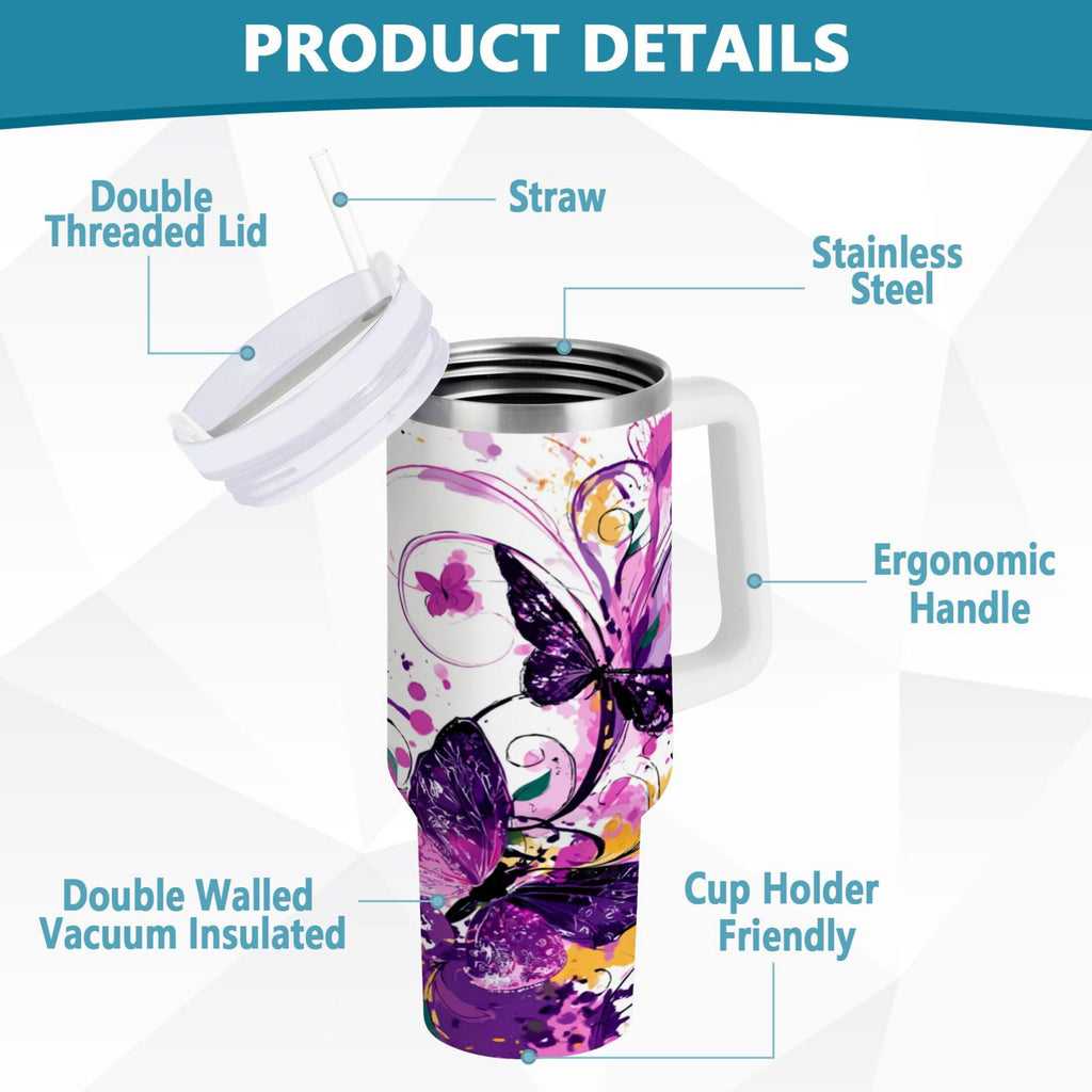 40 oz Insulated Stainless Steel Tumbler Double Wall Stainless Steel Tumbler with 2-Way Drinking Purple Butterfly Y376