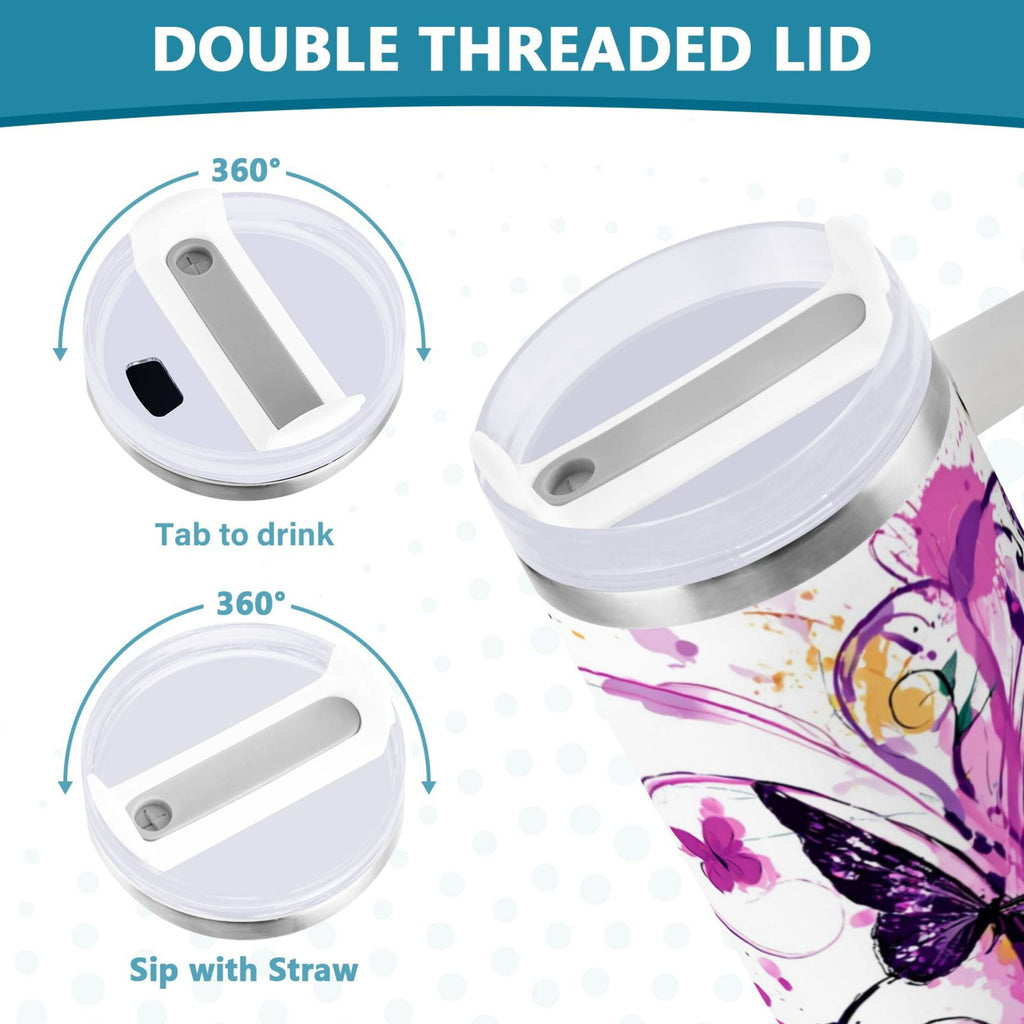 40 oz Insulated Stainless Steel Tumbler Double Wall Stainless Steel Tumbler with 2-Way Drinking Purple Butterfly Y376