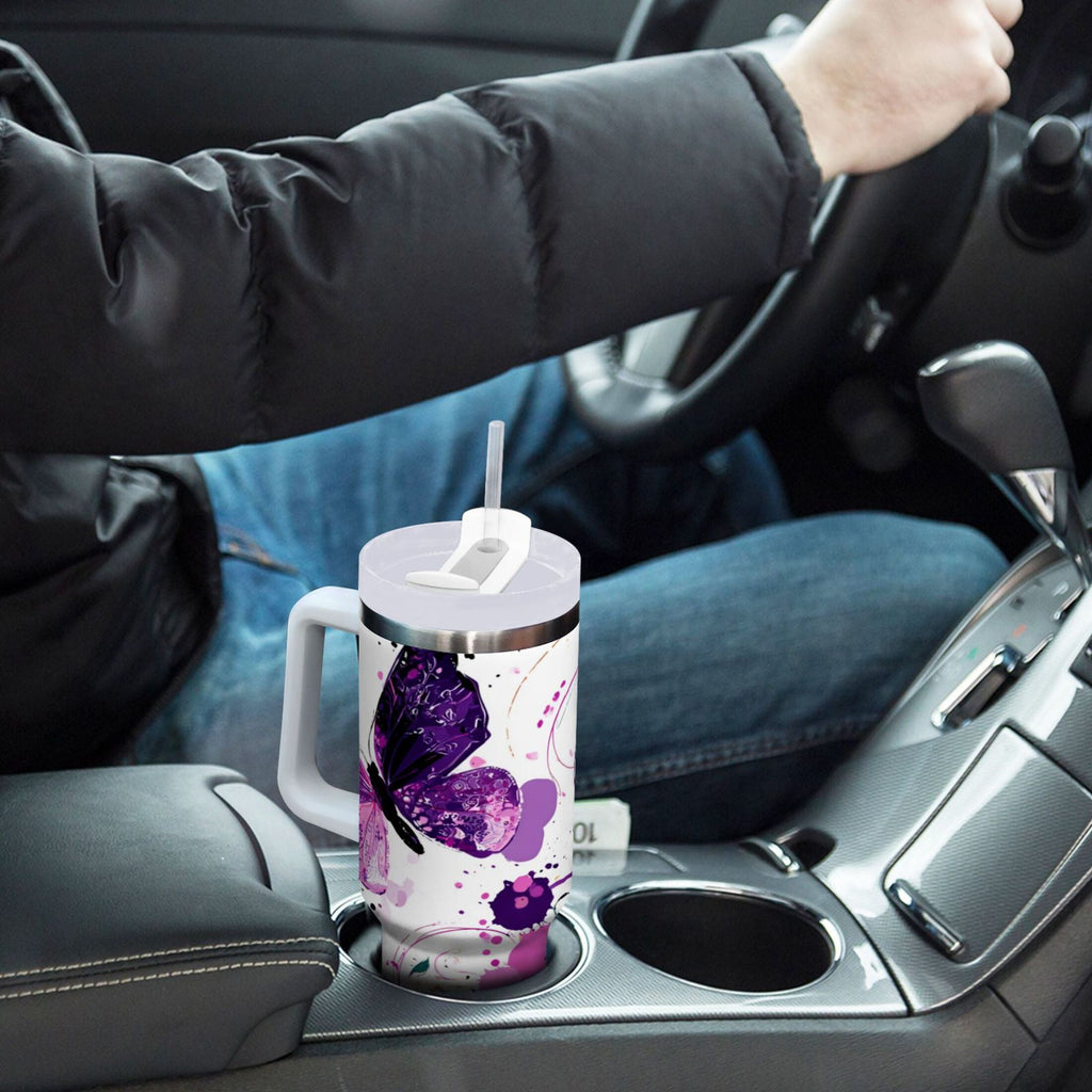 40 oz Insulated Stainless Steel Tumbler Double Wall Stainless Steel Tumbler with 2-Way Drinking Purple Butterfly Y376