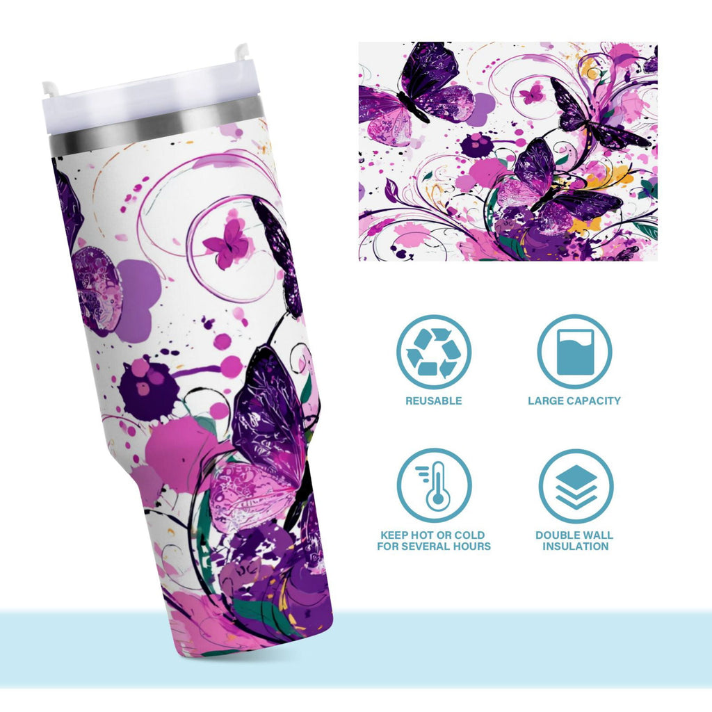 40 oz Insulated Stainless Steel Tumbler Double Wall Stainless Steel Tumbler with 2-Way Drinking Purple Butterfly Y376