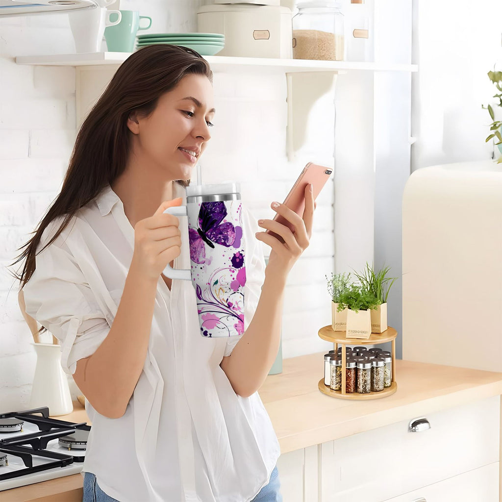 40 oz Insulated Stainless Steel Tumbler Double Wall Stainless Steel Tumbler with 2-Way Drinking Purple Butterfly Y376