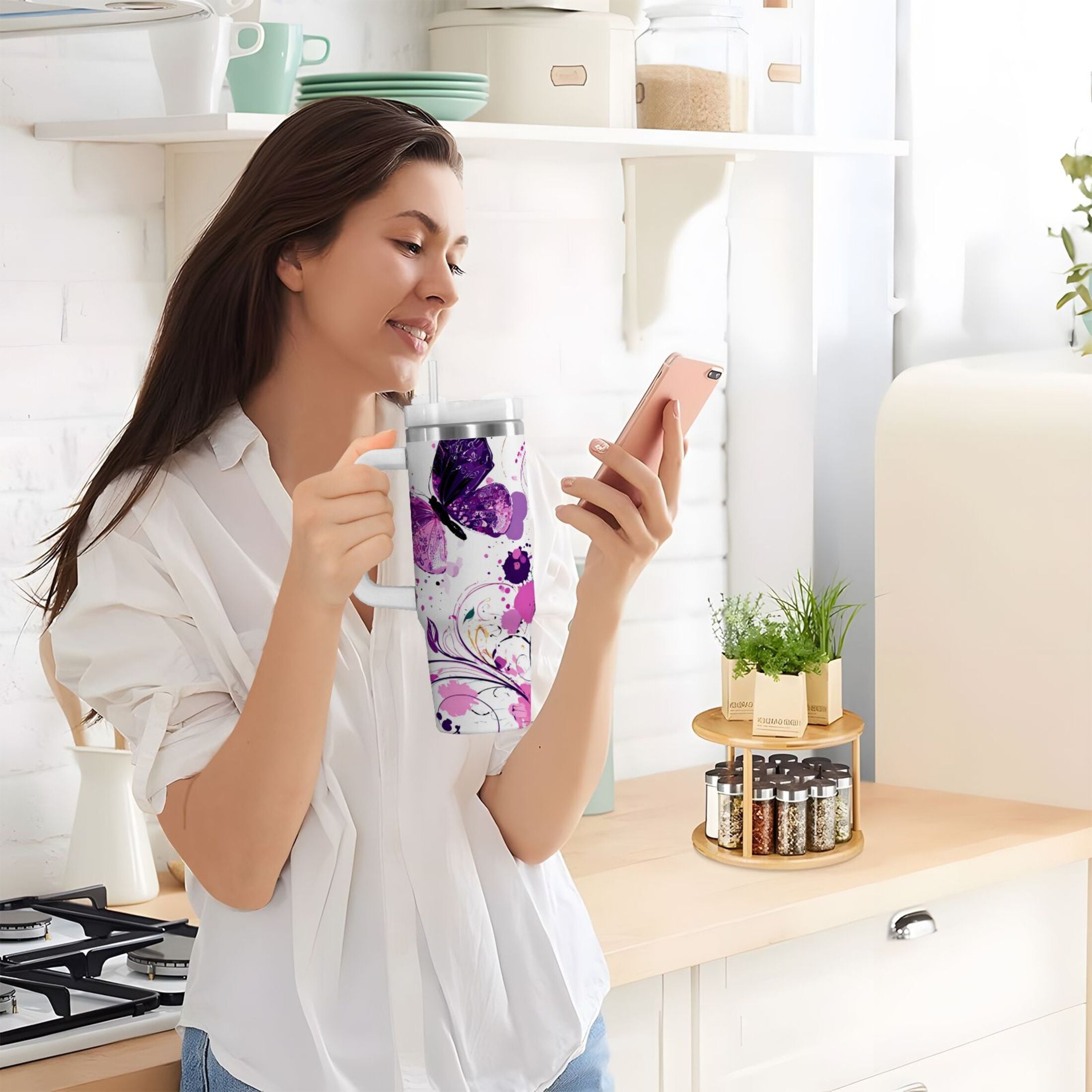 40 oz Insulated Stainless Steel Tumbler Double Wall Stainless Steel Tumbler with 2-Way Drinking Purple Butterfly Y376
