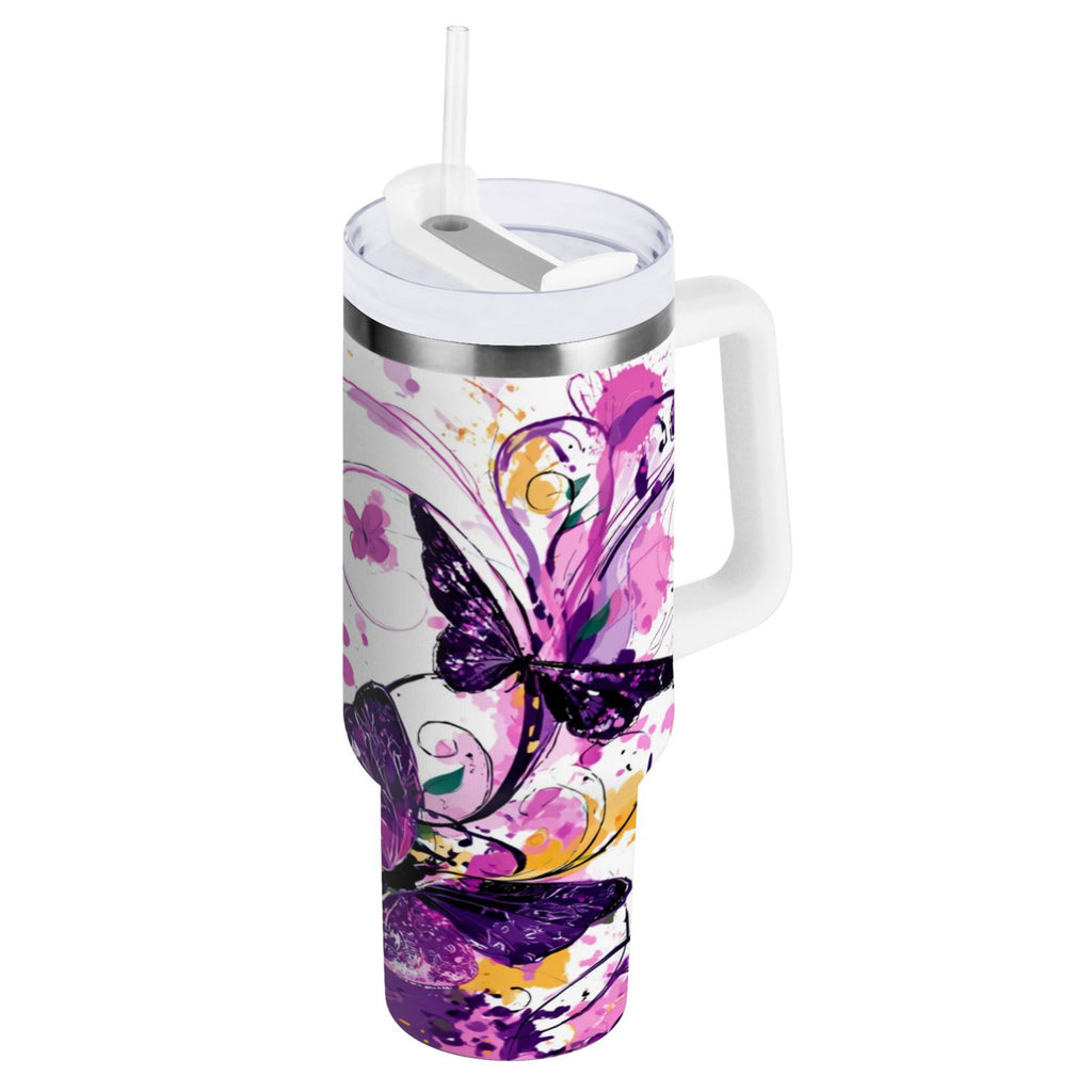40 oz Insulated Stainless Steel Tumbler Double Wall Stainless Steel Tumbler with 2-Way Drinking Purple Butterfly Y376