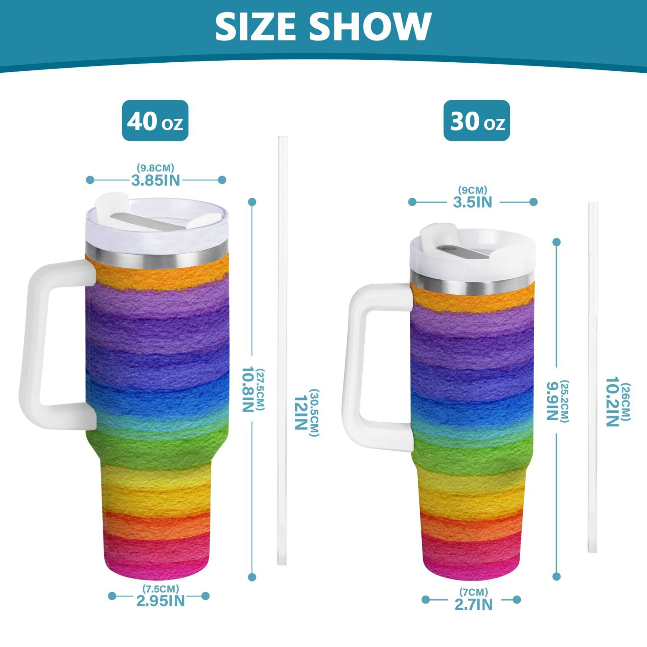 30 oz Insulated Stainless Steel Tumbler Double Wall Stainless Steel Tumbler with 2-Way Drinking Watercolor Rainbow Colors VV3A