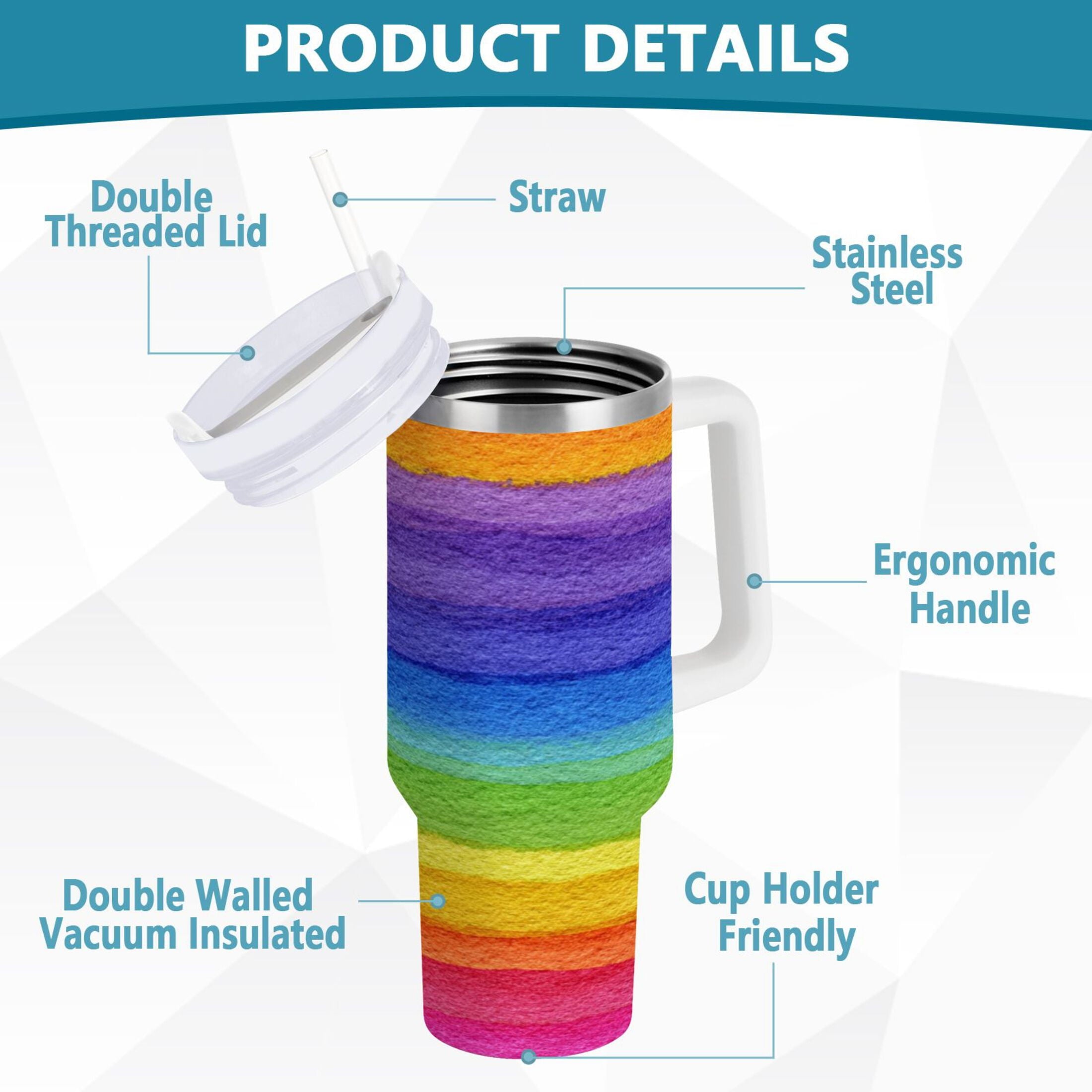 30 oz Insulated Stainless Steel Tumbler Double Wall Stainless Steel Tumbler with 2-Way Drinking Watercolor Rainbow Colors VV3A