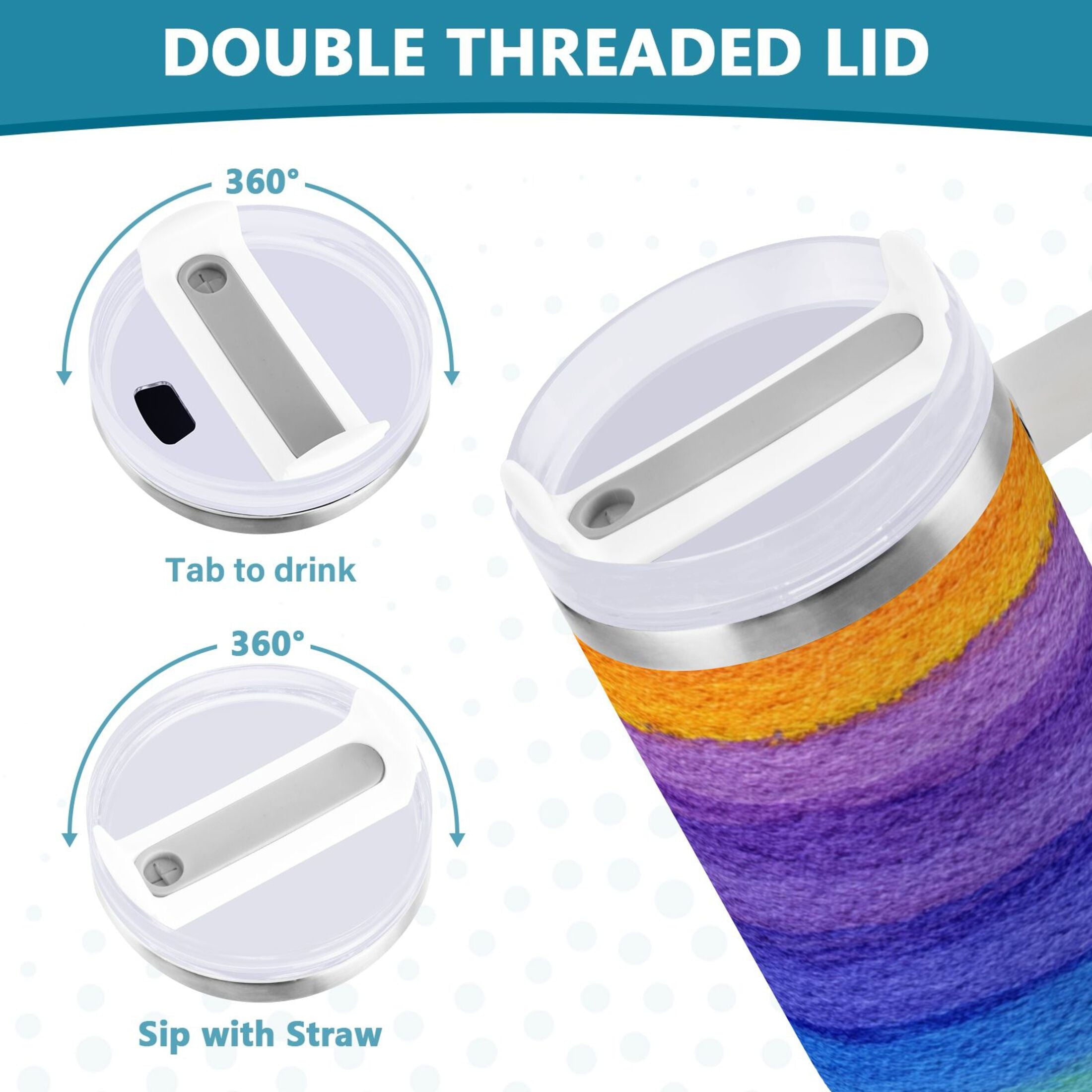 30 oz Insulated Stainless Steel Tumbler Double Wall Stainless Steel Tumbler with 2-Way Drinking Watercolor Rainbow Colors VV3A