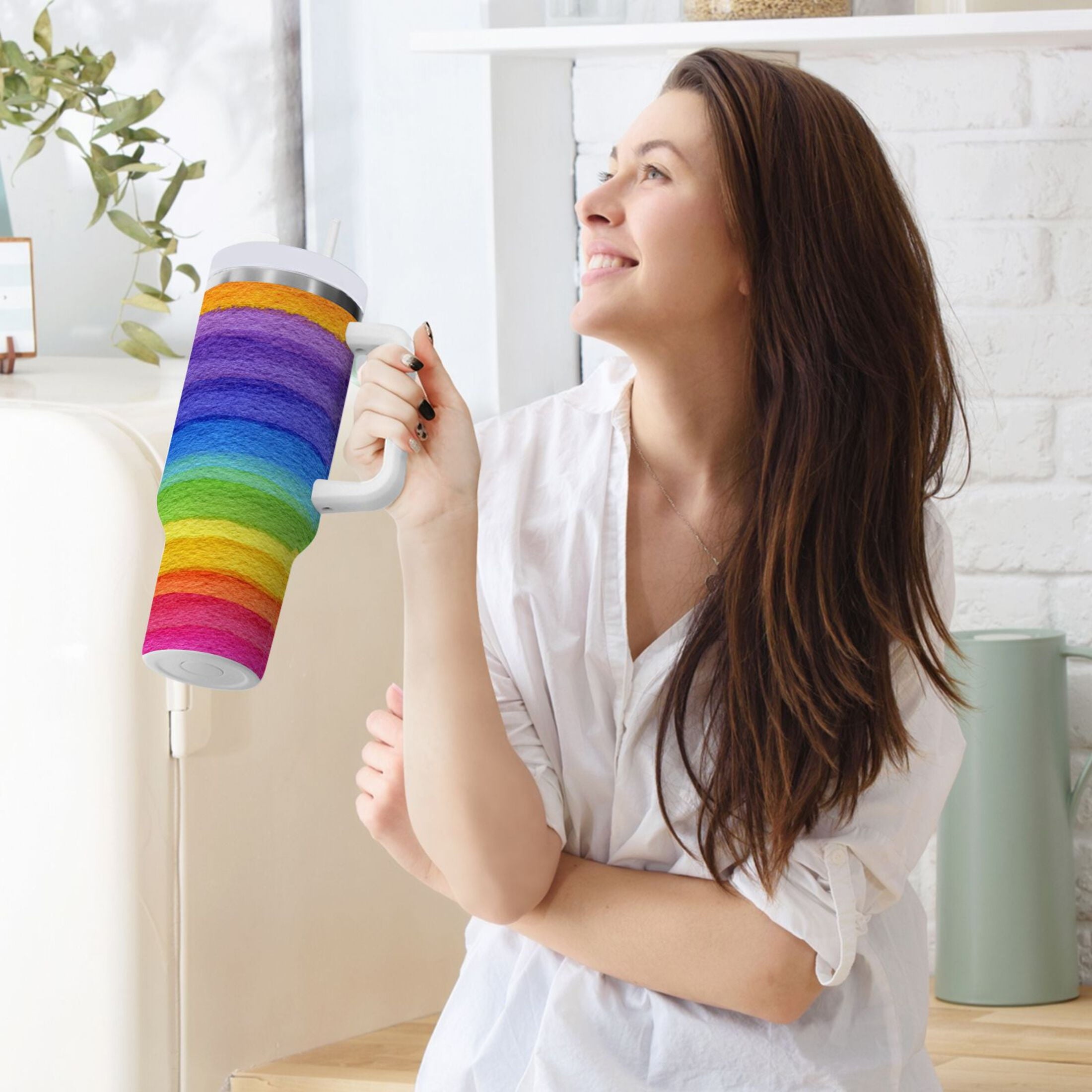 30 oz Insulated Stainless Steel Tumbler Double Wall Stainless Steel Tumbler with 2-Way Drinking Watercolor Rainbow Colors VV3A