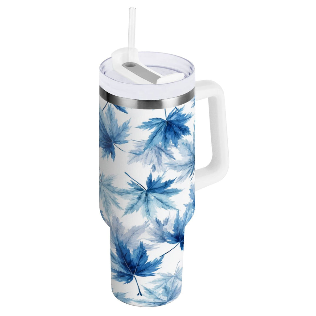 30 oz Insulated Stainless Steel Tumbler Double Wall Stainless Steel Tumbler with 2-Way Drinking Abstract Blue Maple Leaves HPXS