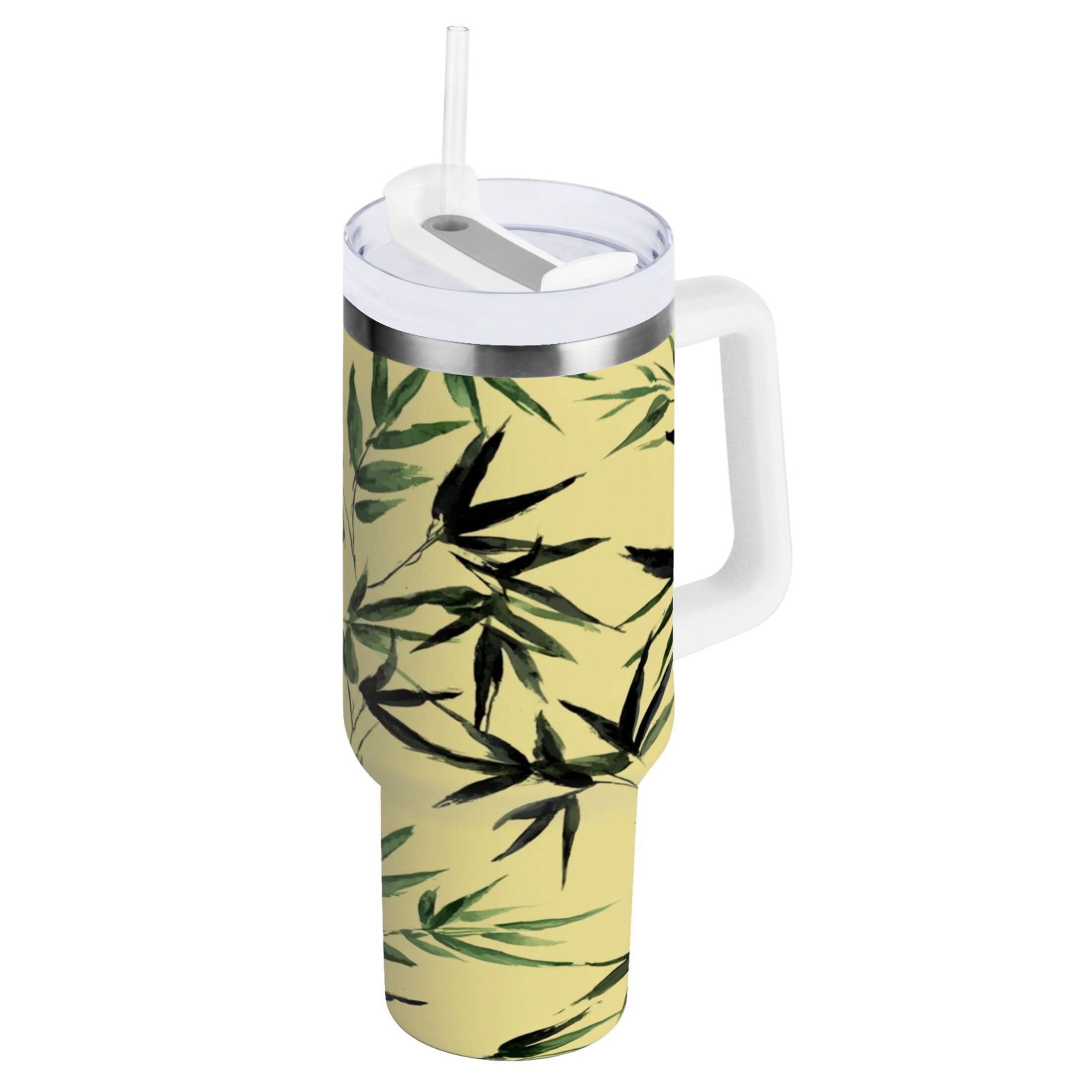 30 oz Insulated Stainless Steel Tumbler Double Wall Stainless Steel Tumbler with 2-Way Drinking Bamboo and Green Leaves ZJUZ