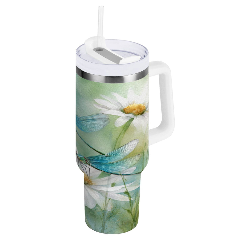 30 oz Insulated Stainless Steel Tumbler Double Wall Stainless Steel Tumbler with 2-Way Drinking Beautiful Dragonflies and Daisies SCEJ