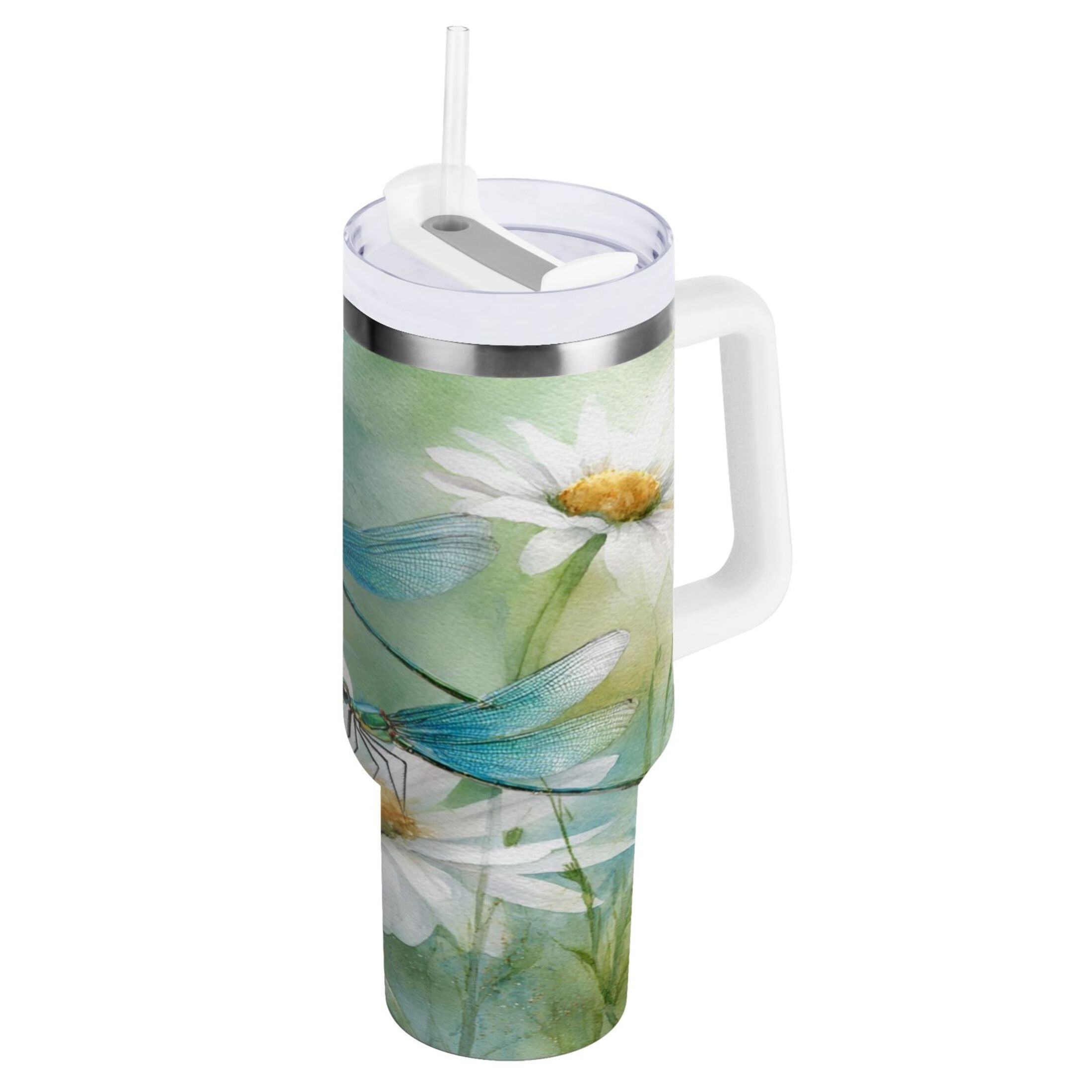30 oz Insulated Stainless Steel Tumbler Double Wall Stainless Steel Tumbler with 2-Way Drinking Beautiful Dragonflies and Daisies SCEJ