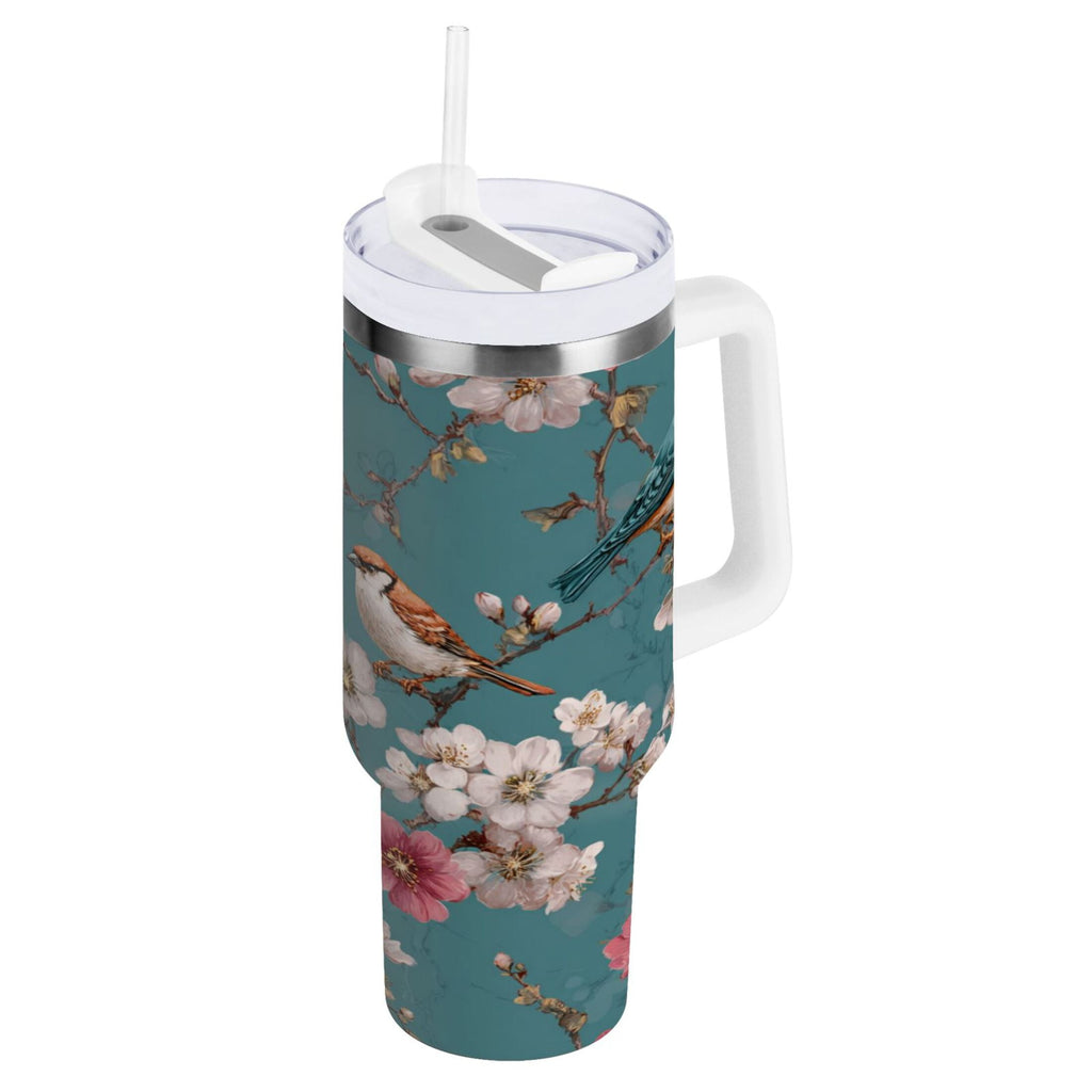 30 oz Insulated Stainless Steel Tumbler Double Wall Stainless Steel Tumbler with 2-Way Drinking Birds and Cherry Pattern S3GK