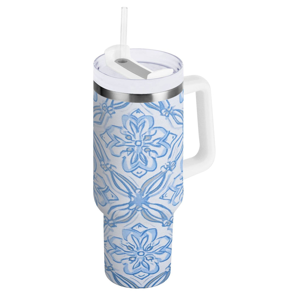 30 oz Insulated Stainless Steel Tumbler Double Wall Stainless Steel Tumbler with 2-Way Drinking Blue Elegant Geometric Design TOLQ