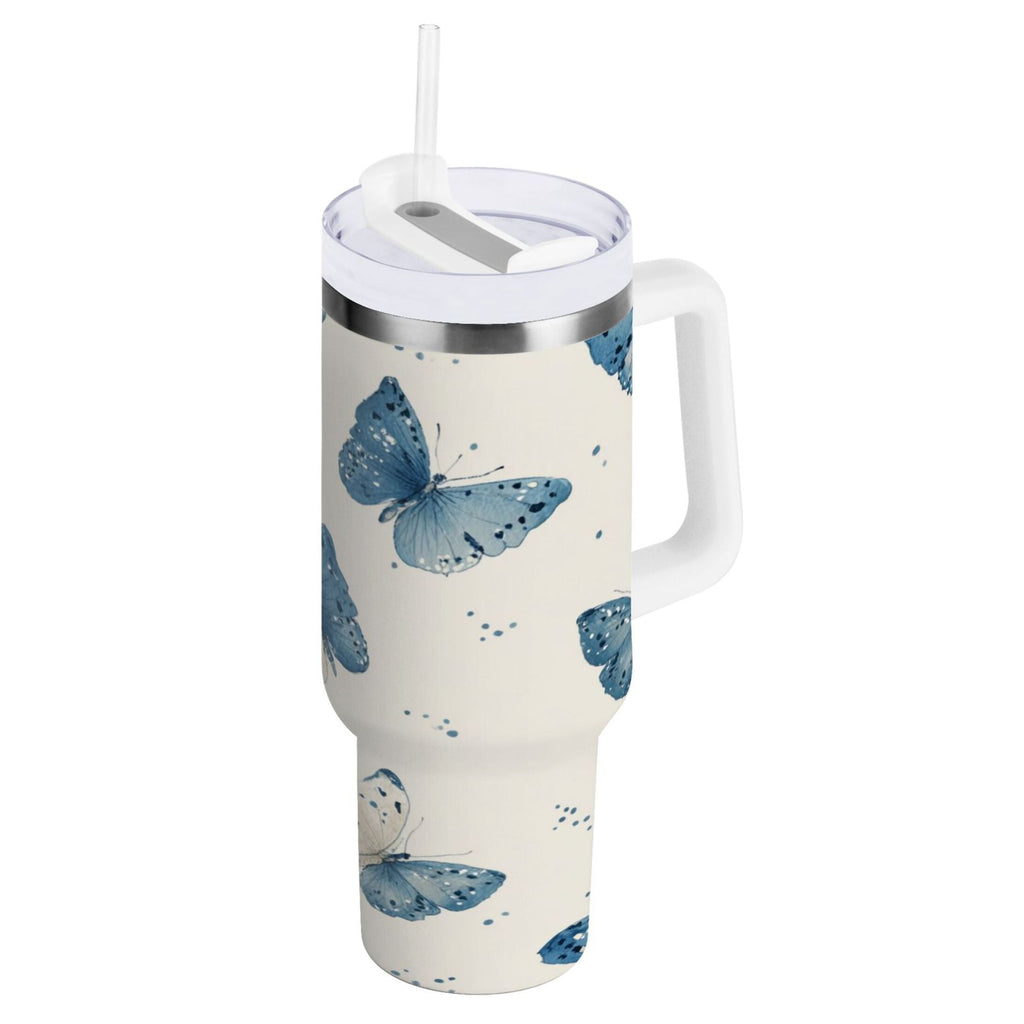 30 oz Insulated Stainless Steel Tumbler Double Wall Stainless Steel Tumbler with 2-Way Drinking Blue Watercolor Butterflies UQ86