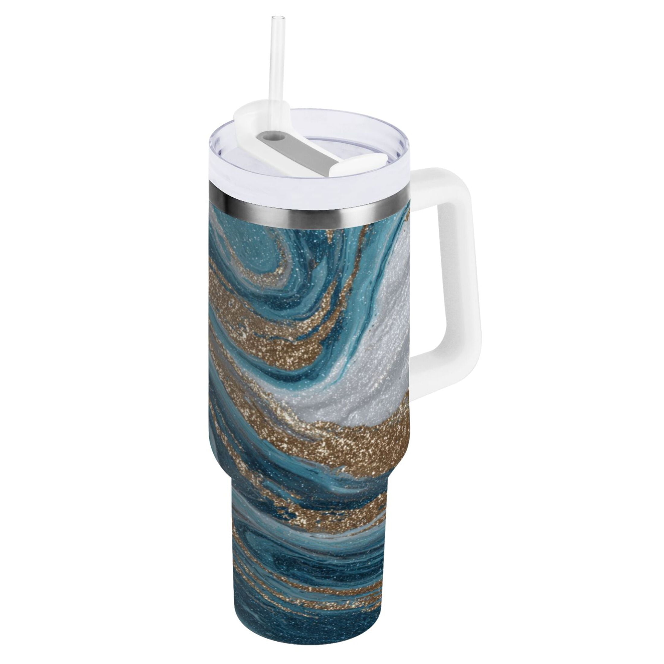 30 oz Insulated Stainless Steel Tumbler Double Wall Stainless Steel Tumbler with 2-Way Drinking Blue and Gold Swirling Z93Y
