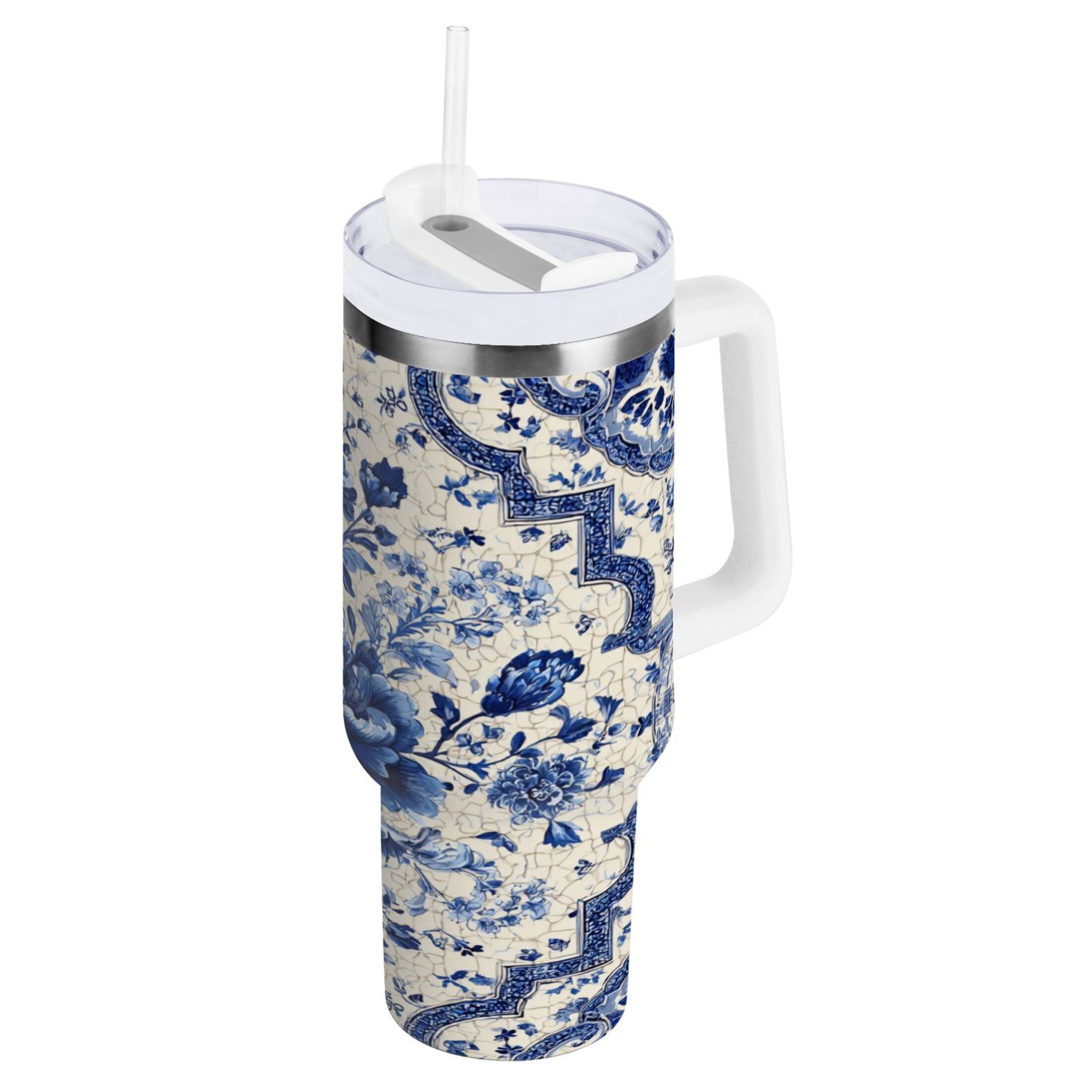 30 oz Insulated Stainless Steel Tumbler Double Wall Stainless Steel Tumbler with 2-Way Drinking Blue and White Porcelain-style 6G14