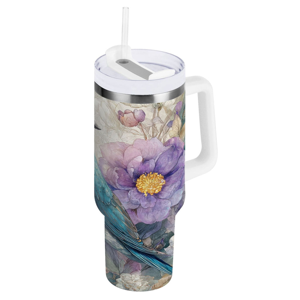 30 oz Insulated Stainless Steel Tumbler Double Wall Stainless Steel Tumbler with 2-Way Drinking Bluebird and Flower ARC5