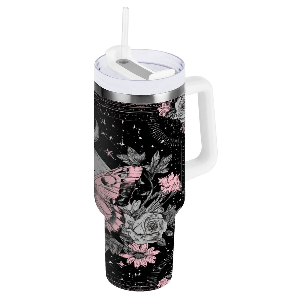 30 oz Insulated Stainless Steel Tumbler Double Wall Stainless Steel Tumbler with 2-Way Drinking Butterfly by Moon and Flowers 8DPL