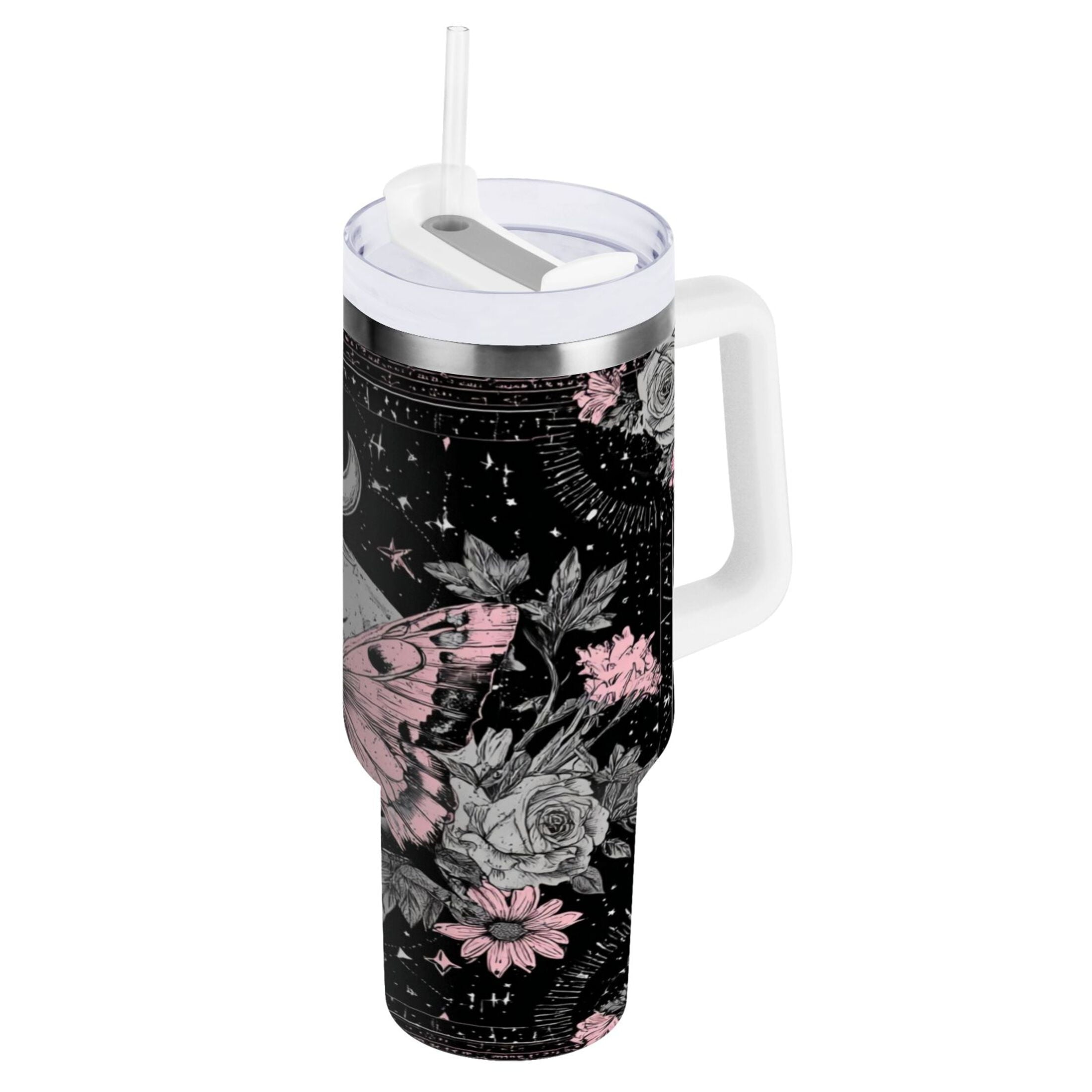 30 oz Insulated Stainless Steel Tumbler Double Wall Stainless Steel Tumbler with 2-Way Drinking Butterfly by Moon and Flowers 8DPL