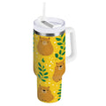 30 oz Insulated Stainless Steel Tumbler Double Wall Stainless Steel Tumbler with 2-Way Drinking Capybara and Green Leaves LZSI