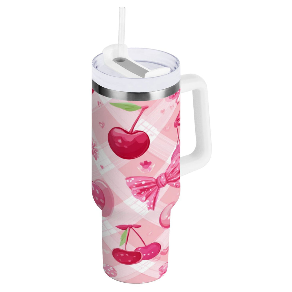 30 oz Insulated Stainless Steel Tumbler Double Wall Stainless Steel Tumbler with 2-Way Drinking Cherry and Pink Bow Pattern 25W8