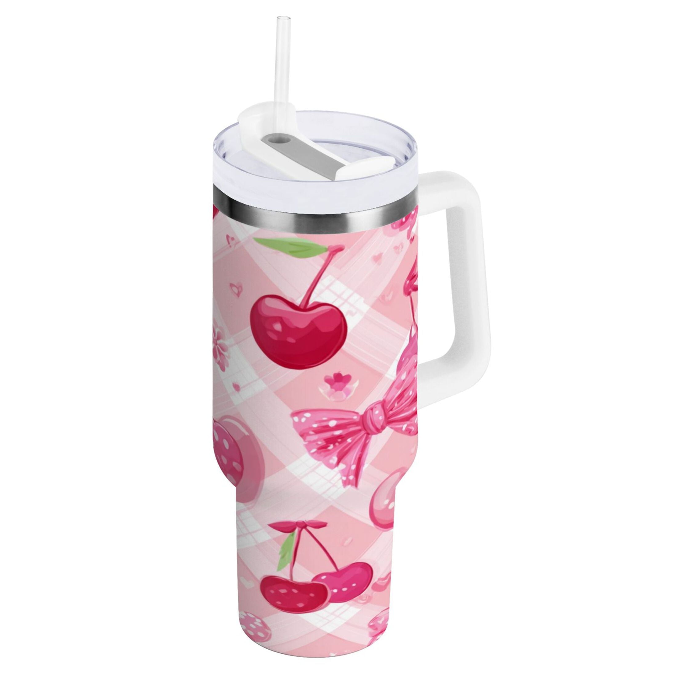 30 oz Insulated Stainless Steel Tumbler Double Wall Stainless Steel Tumbler with 2-Way Drinking Cherry and Pink Bow Pattern 25W8