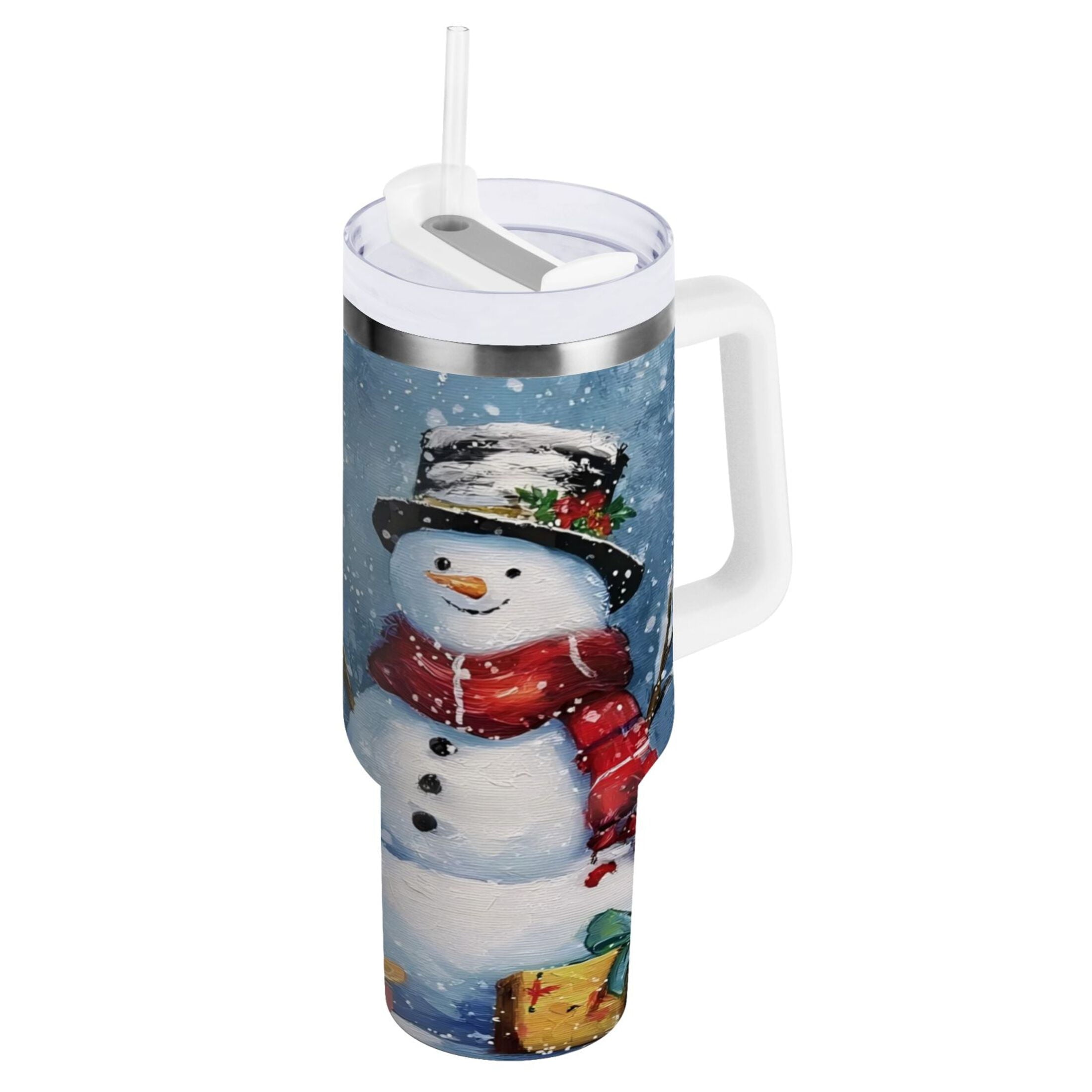 30 oz Insulated Stainless Steel Tumbler Double Wall Stainless Steel Tumbler with 2-Way Drinking Christmas Scene with Snowman QBTA