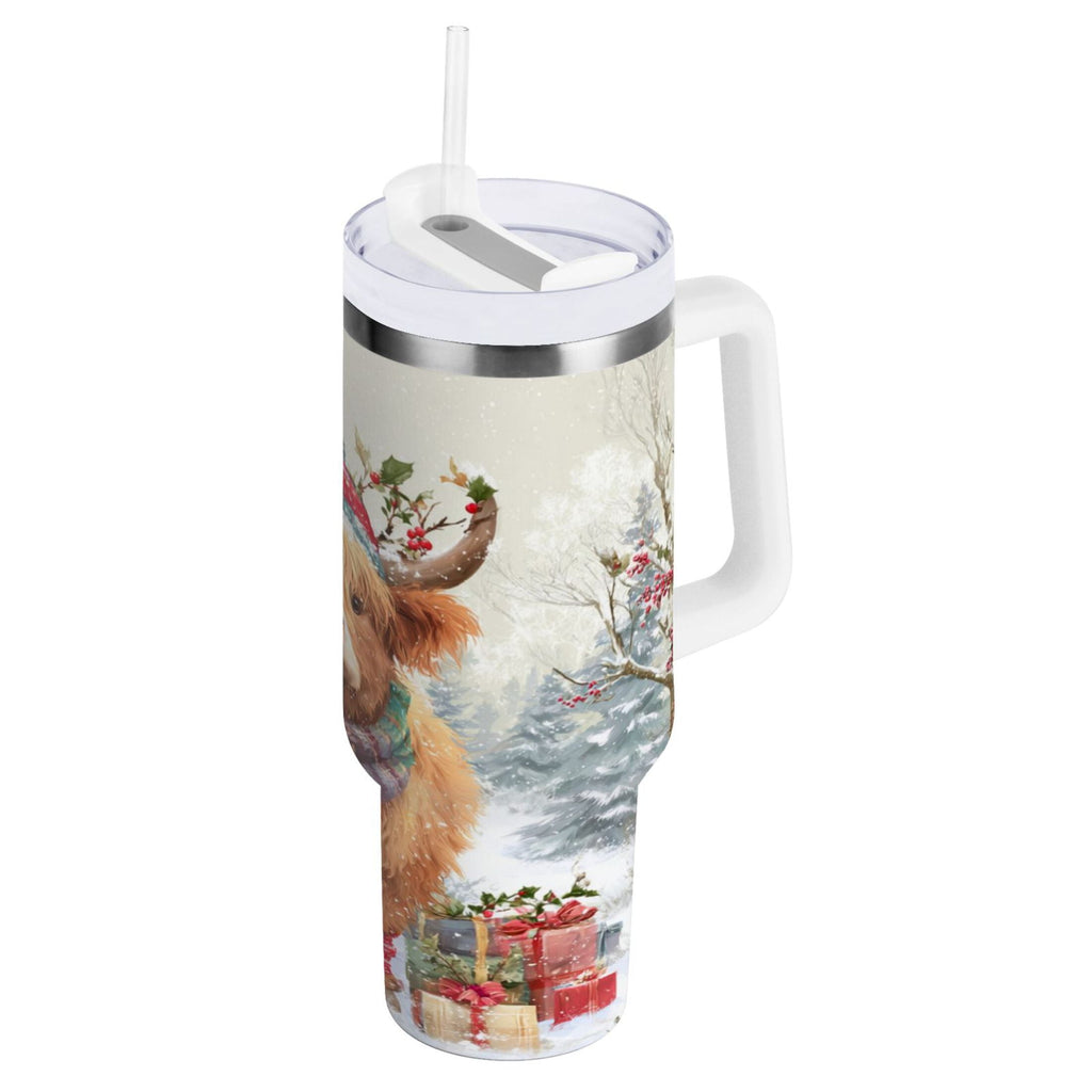 30 oz Insulated Stainless Steel Tumbler Double Wall Stainless Steel Tumbler with 2-Way Drinking Cow Wearing Christmas Hat KAB7