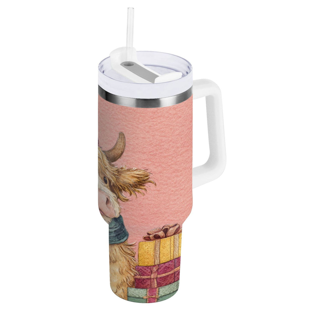 30 oz Insulated Stainless Steel Tumbler Double Wall Stainless Steel Tumbler with 2-Way Drinking Cow Wearing Scarf and Hat EA6T