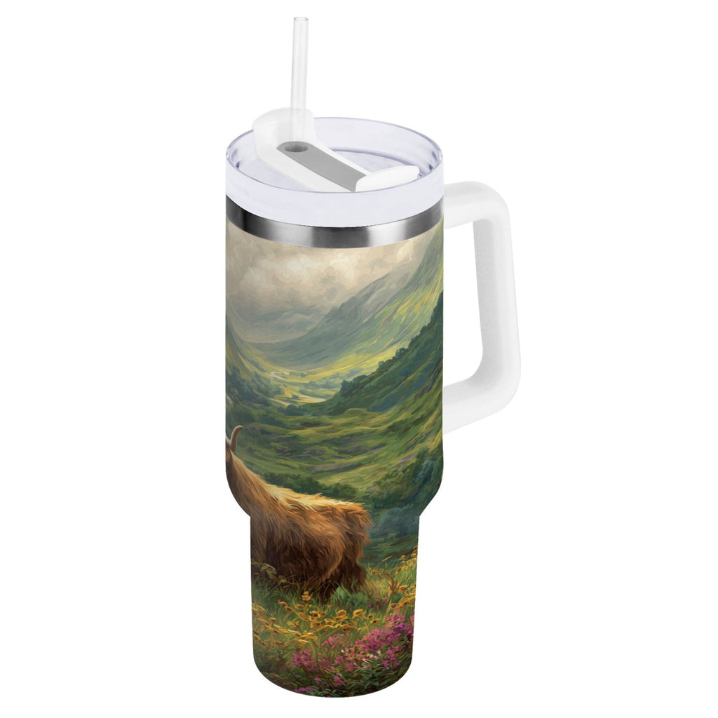 30 oz Insulated Stainless Steel Tumbler Double Wall Stainless Steel Tumbler with 2-Way Drinking Cow in Green Rolling Hills Q5MV