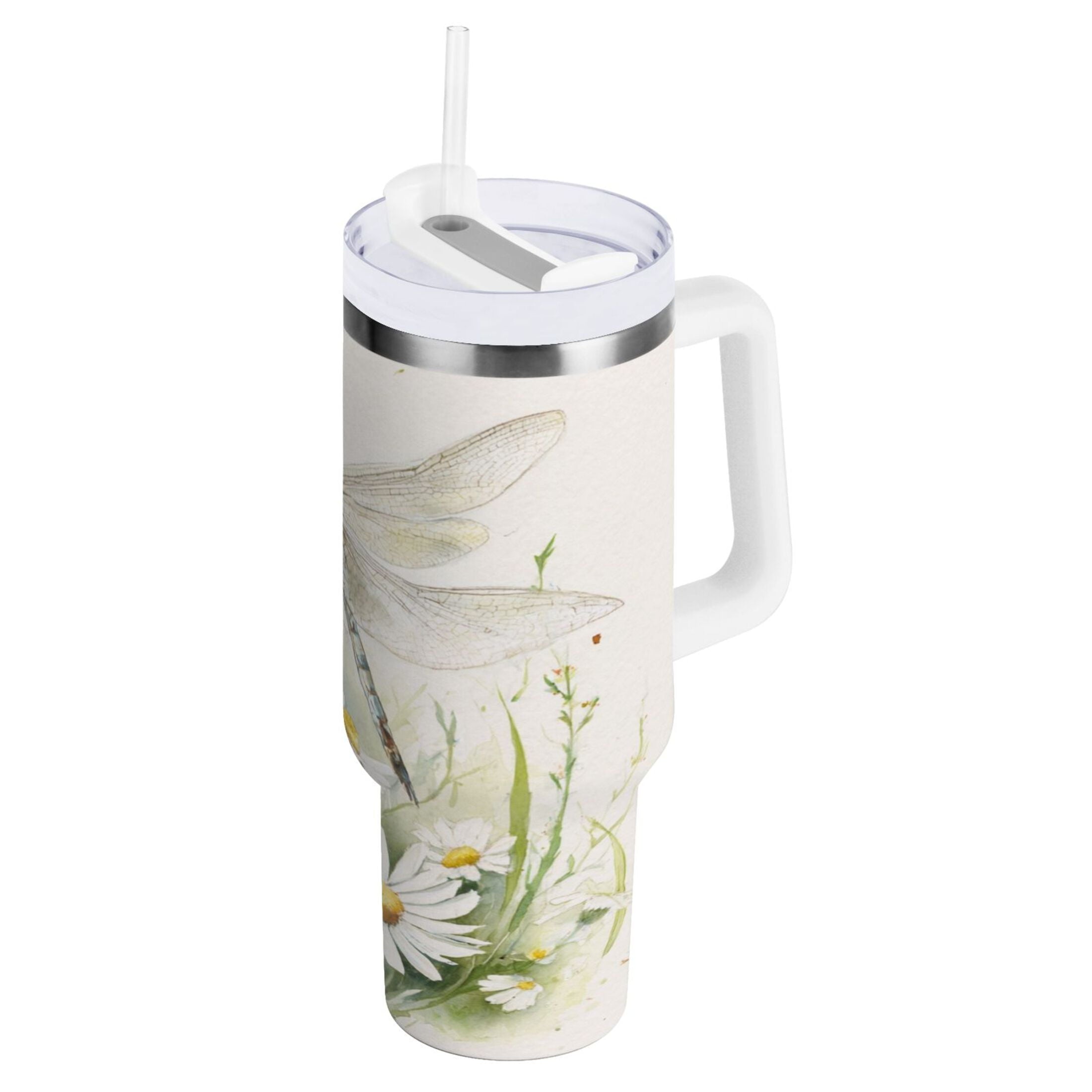 30 oz Insulated Stainless Steel Tumbler Double Wall Stainless Steel Tumbler with 2-Way Drinking Dragonflies with White Daisies B8DD