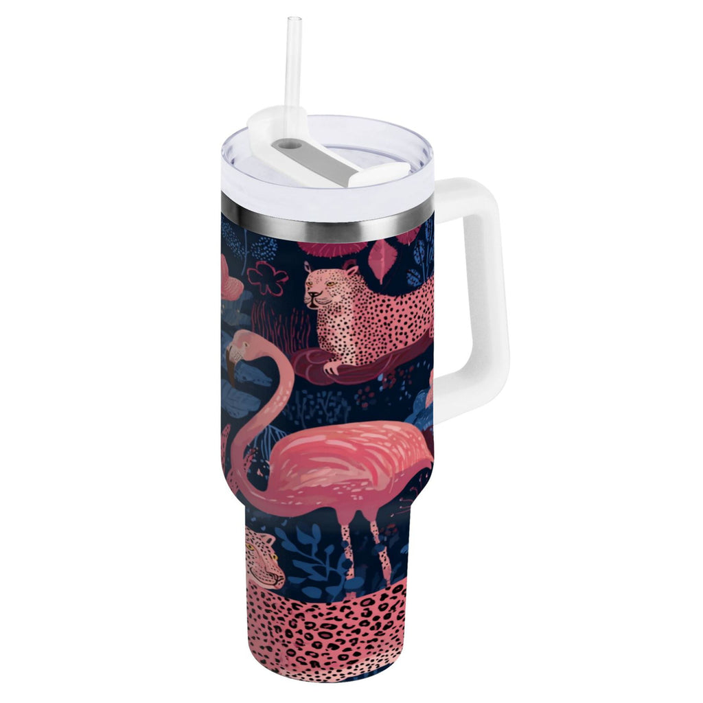 30 oz Insulated Stainless Steel Tumbler Double Wall Stainless Steel Tumbler with 2-Way Drinking Flamingos and Leopard Print UX3O