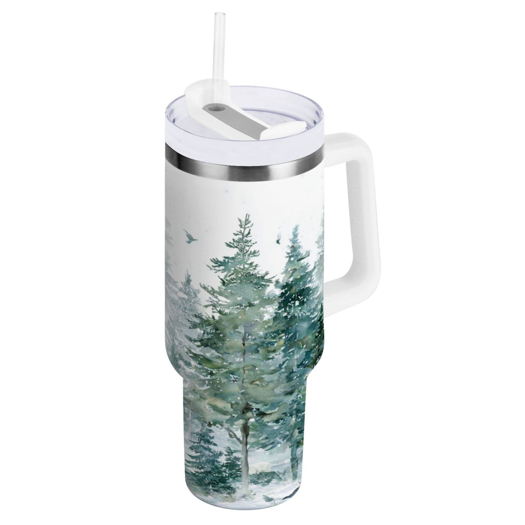 30 oz Insulated Stainless Steel Tumbler Double Wall Stainless Steel Tumbler with 2-Way Drinking Green Snowy Forest Scene F002
