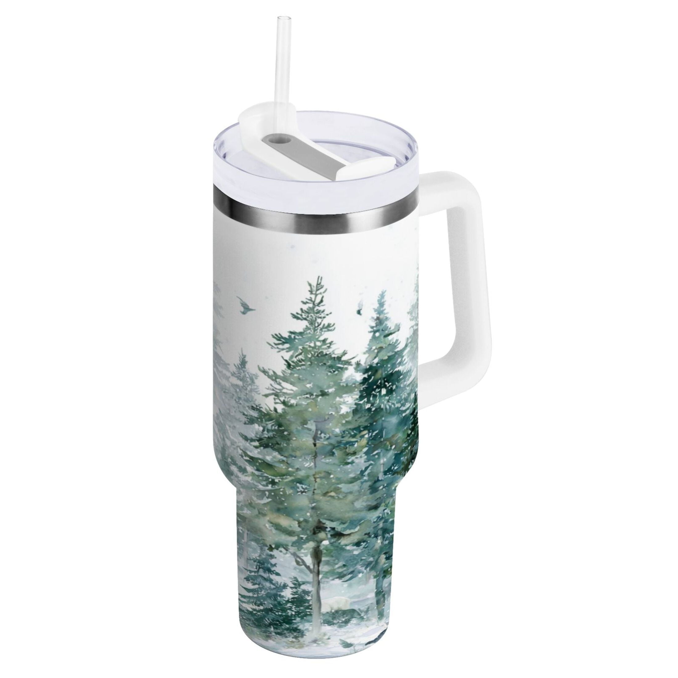 30 oz Insulated Stainless Steel Tumbler Double Wall Stainless Steel Tumbler with 2-Way Drinking Green Snowy Forest Scene F002