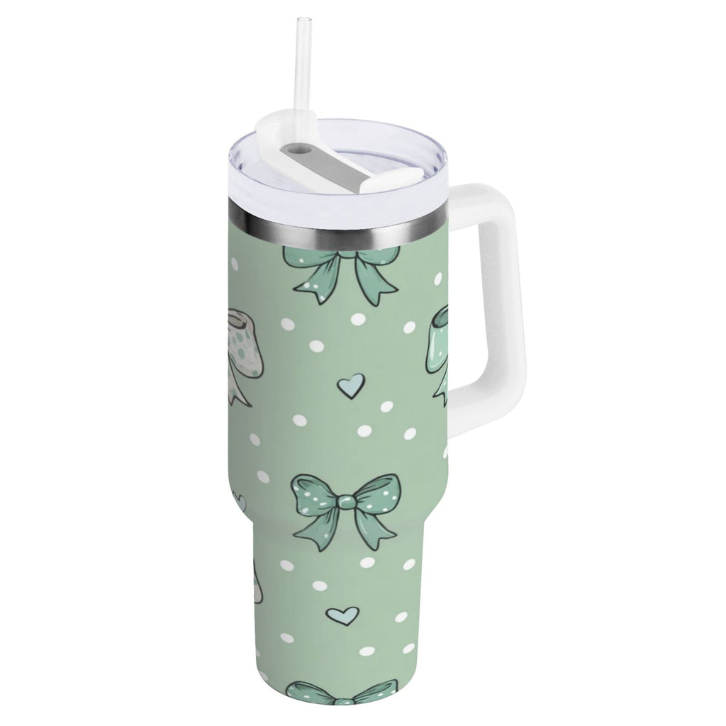 30 oz Insulated Stainless Steel Tumbler Double Wall Stainless Steel Tumbler with 2-Way Drinking Green and Mint Bows ISJ6