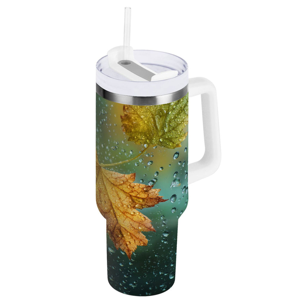 30 oz Insulated Stainless Steel Tumbler Double Wall Stainless Steel Tumbler with 2-Way Drinking Leaves with Water Droplets CYU6