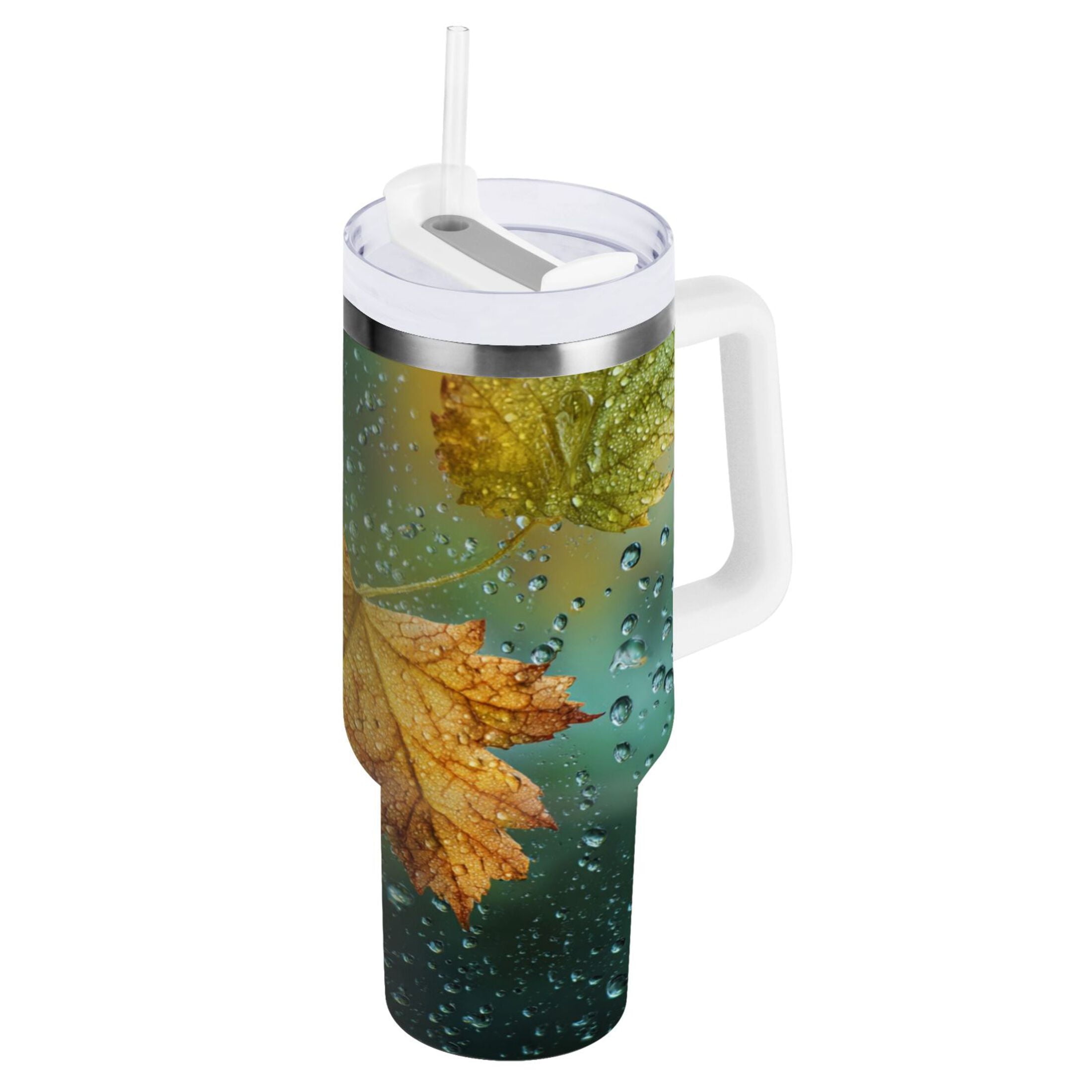30 oz Insulated Stainless Steel Tumbler Double Wall Stainless Steel Tumbler with 2-Way Drinking Leaves with Water Droplets CYU6