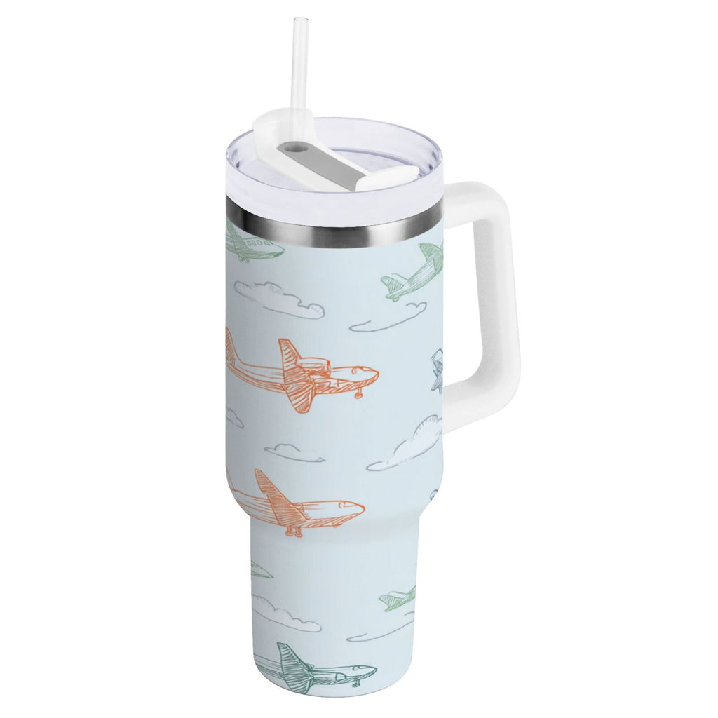 30 oz Insulated Stainless Steel Tumbler Double Wall Stainless Steel Tumbler with 2-Way Drinking Pastel Doodle Airplanes 1WDE