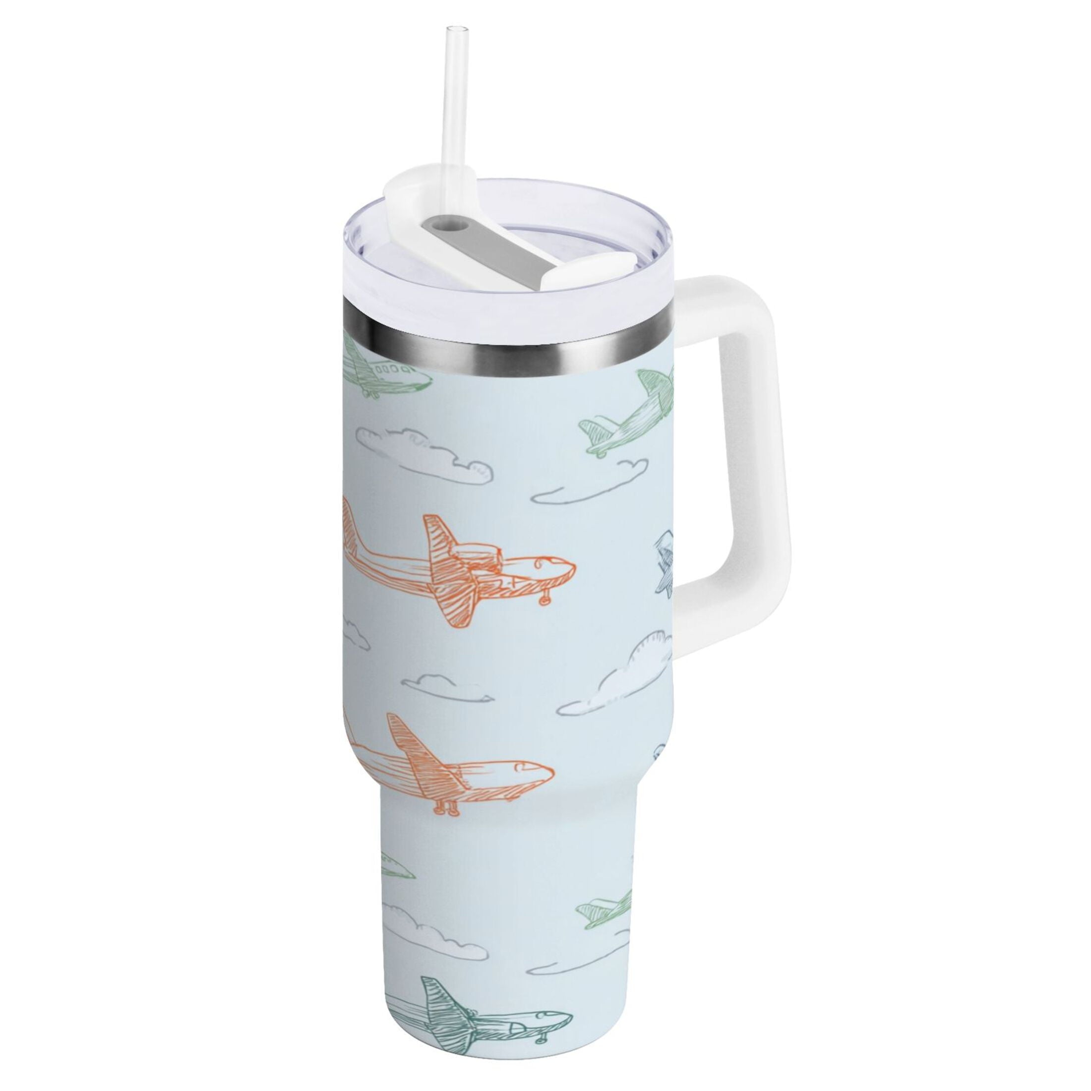30 oz Insulated Stainless Steel Tumbler Double Wall Stainless Steel Tumbler with 2-Way Drinking Pastel Doodle Airplanes 1WDE